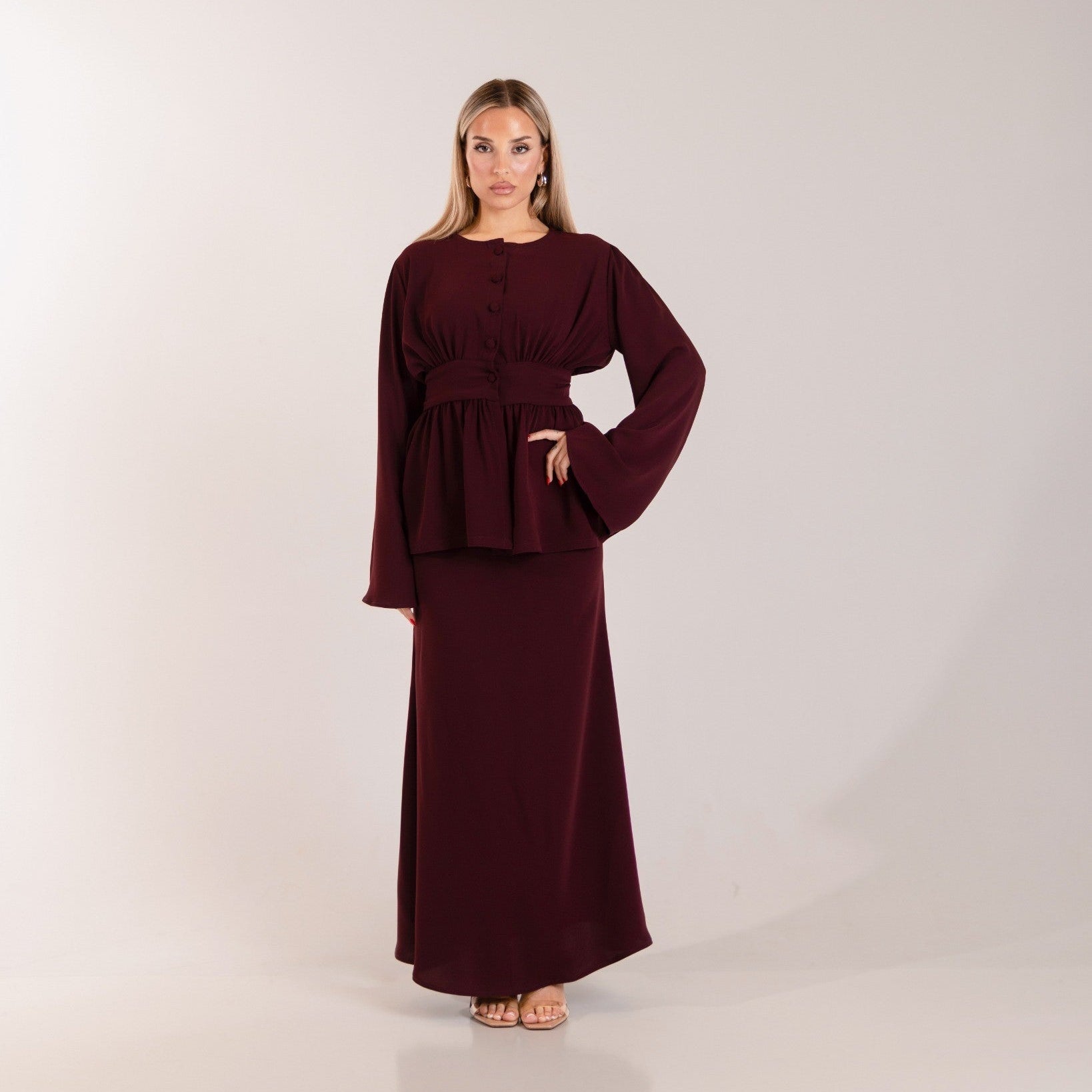 Deep Burgundy Daisy two-piece maxi set for modest wedding guest dressing