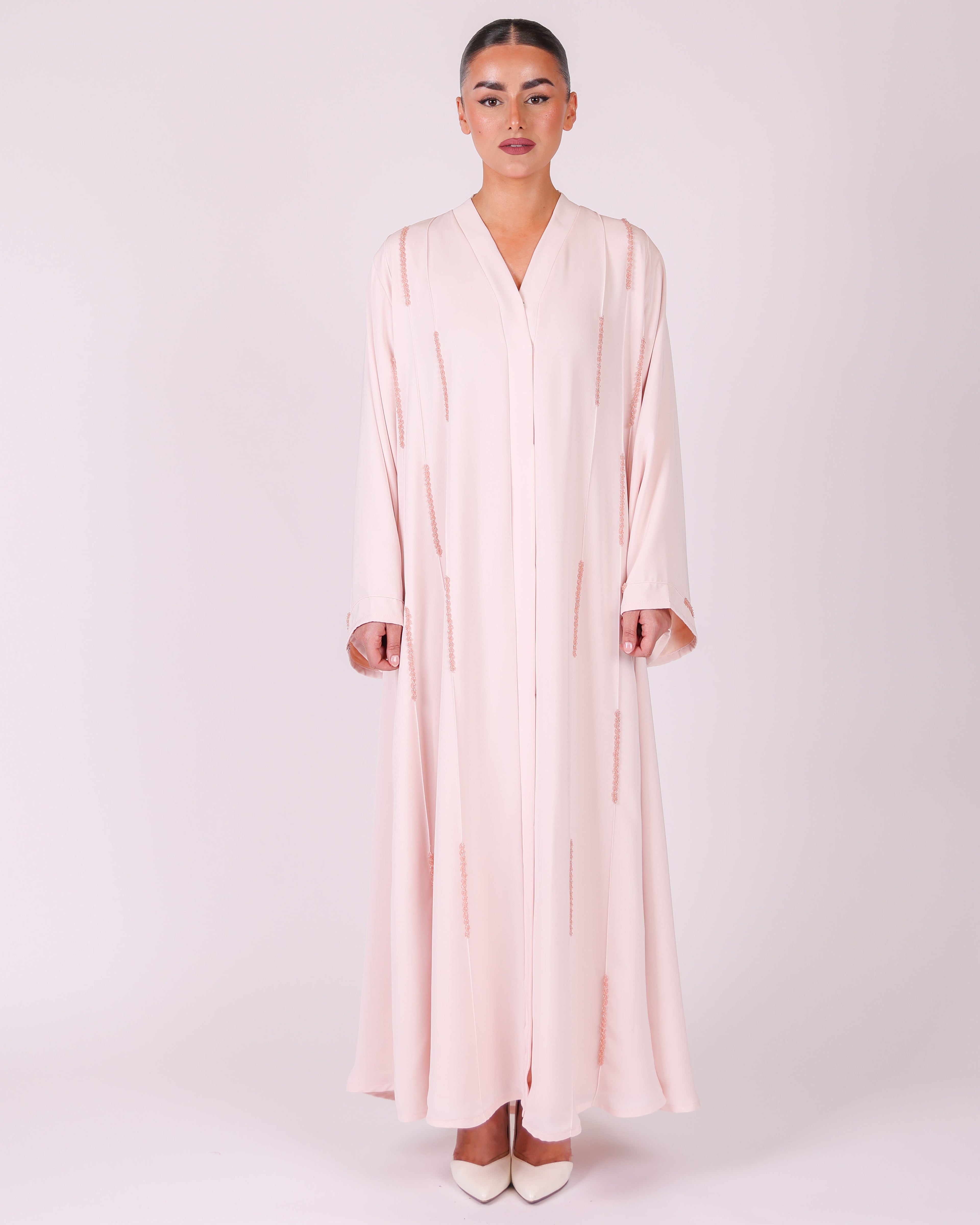 Baby Pink Malaika hand-embellished abaya in 100% silky polyamide – look 1