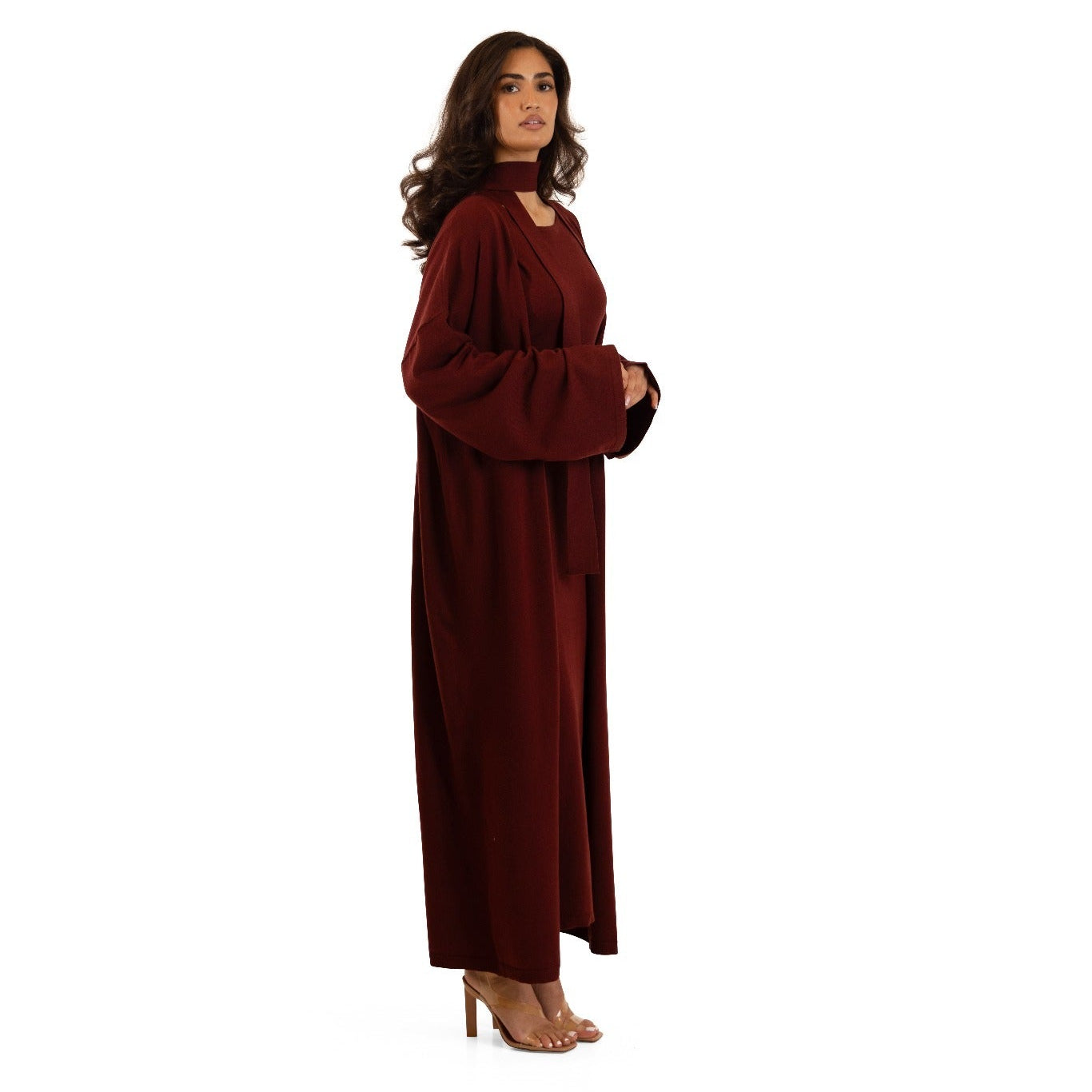 Sienna long knit maxi cardigan layered over a matching maxi dress