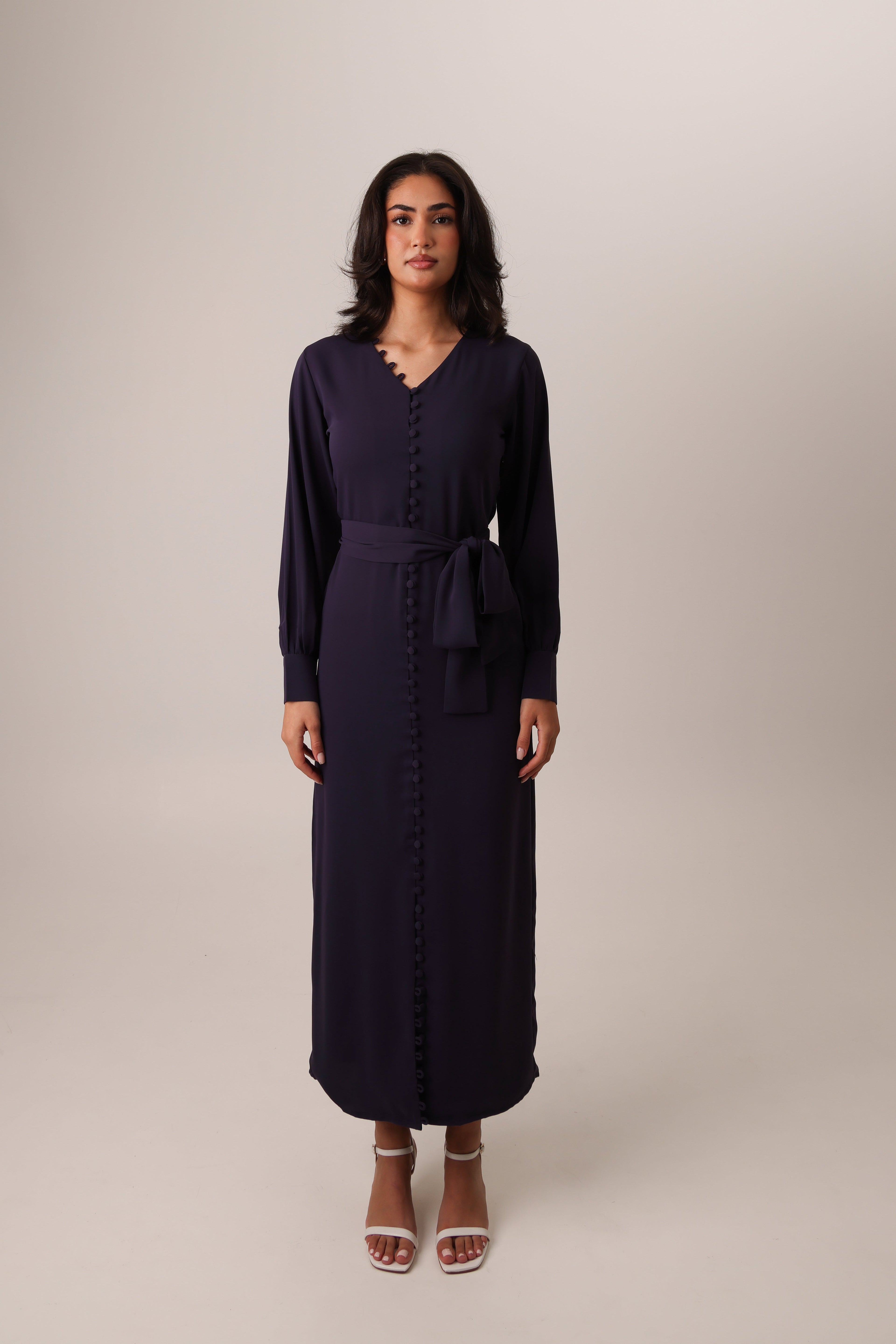 Purple Noura buttoned maxi dress for modest work and occasion styling