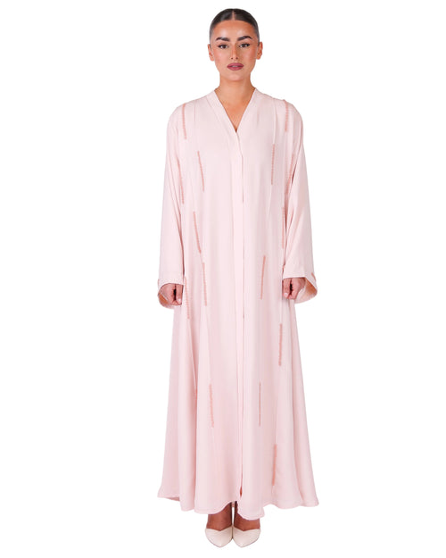 Baby Pink Malaika hand-embellished abaya in 100% silky polyamide – look 1