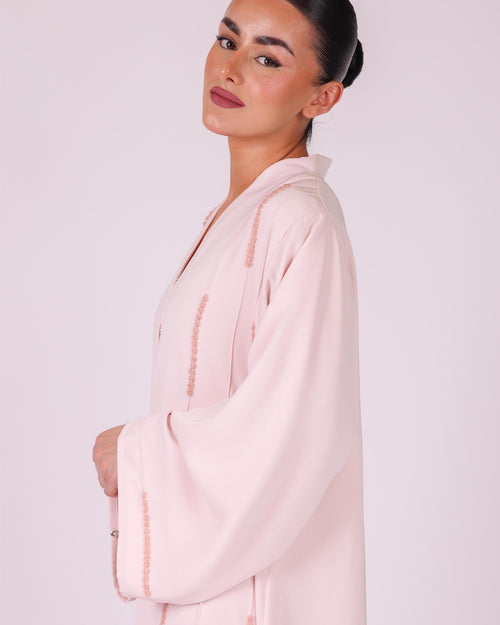 Baby Pink Malaika hand-embellished abaya in 100% silky polyamide – look 4