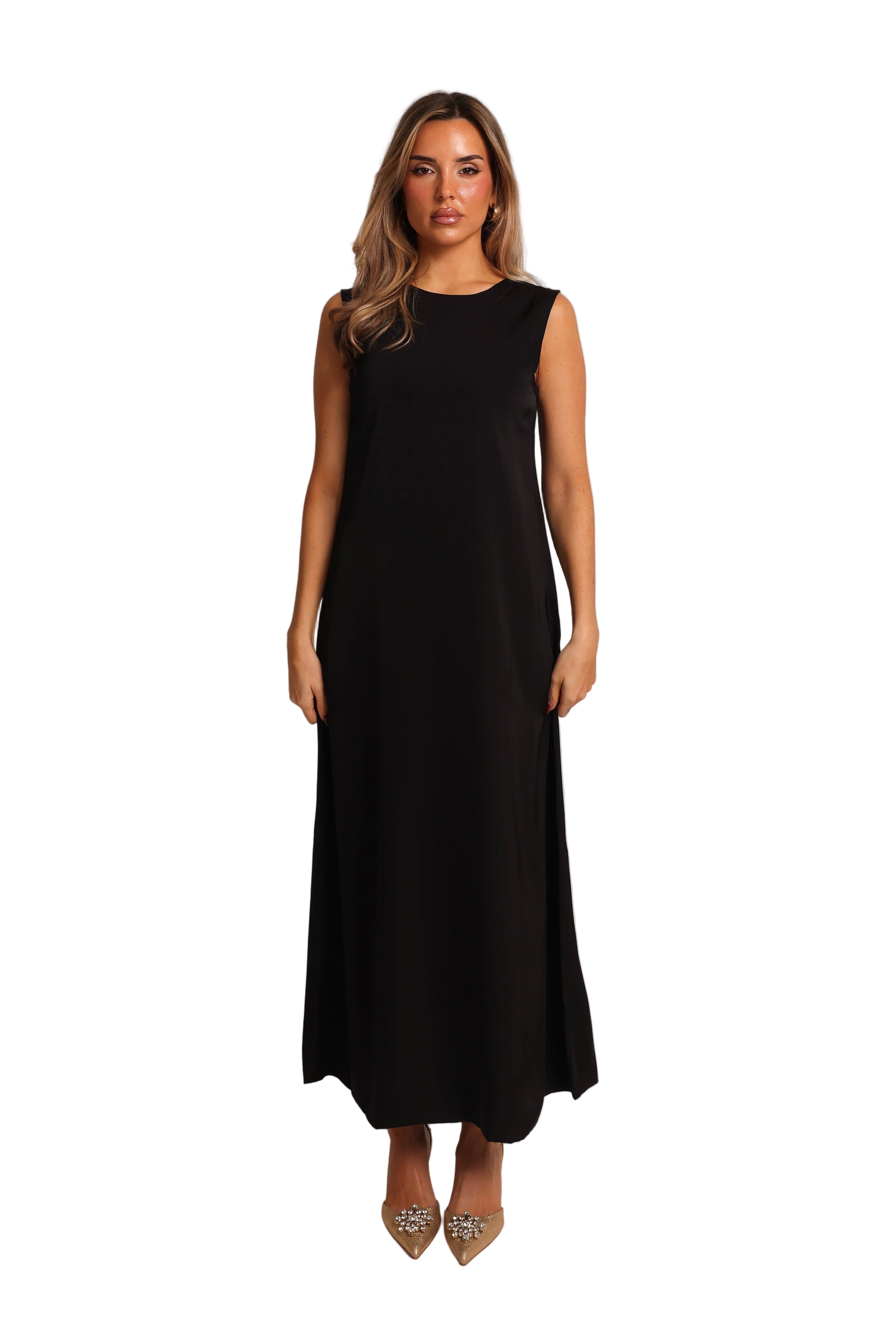 Black silky polyamide stretch maxi underdress – look 1