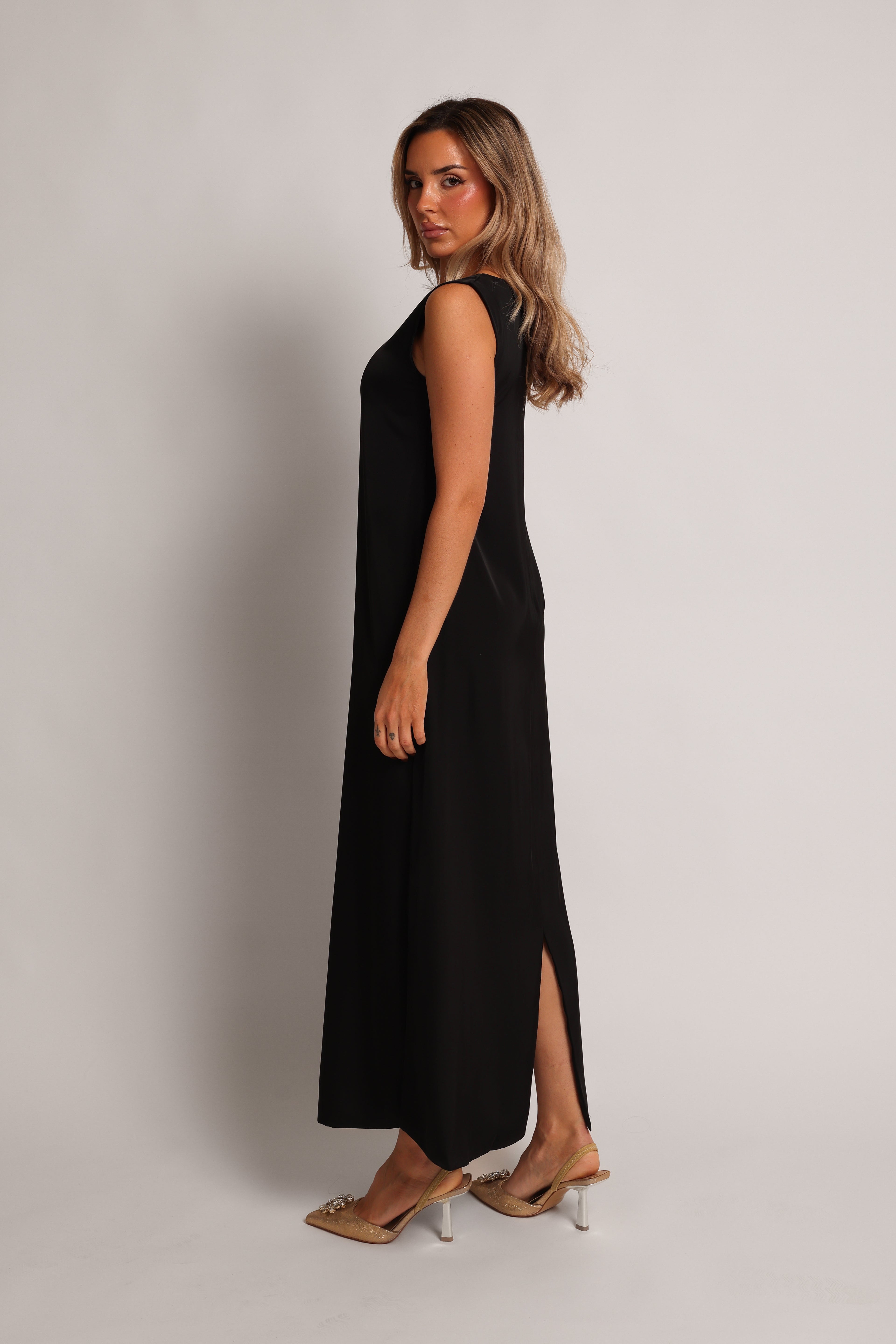 Black silky polyamide stretch maxi underdress – look 2