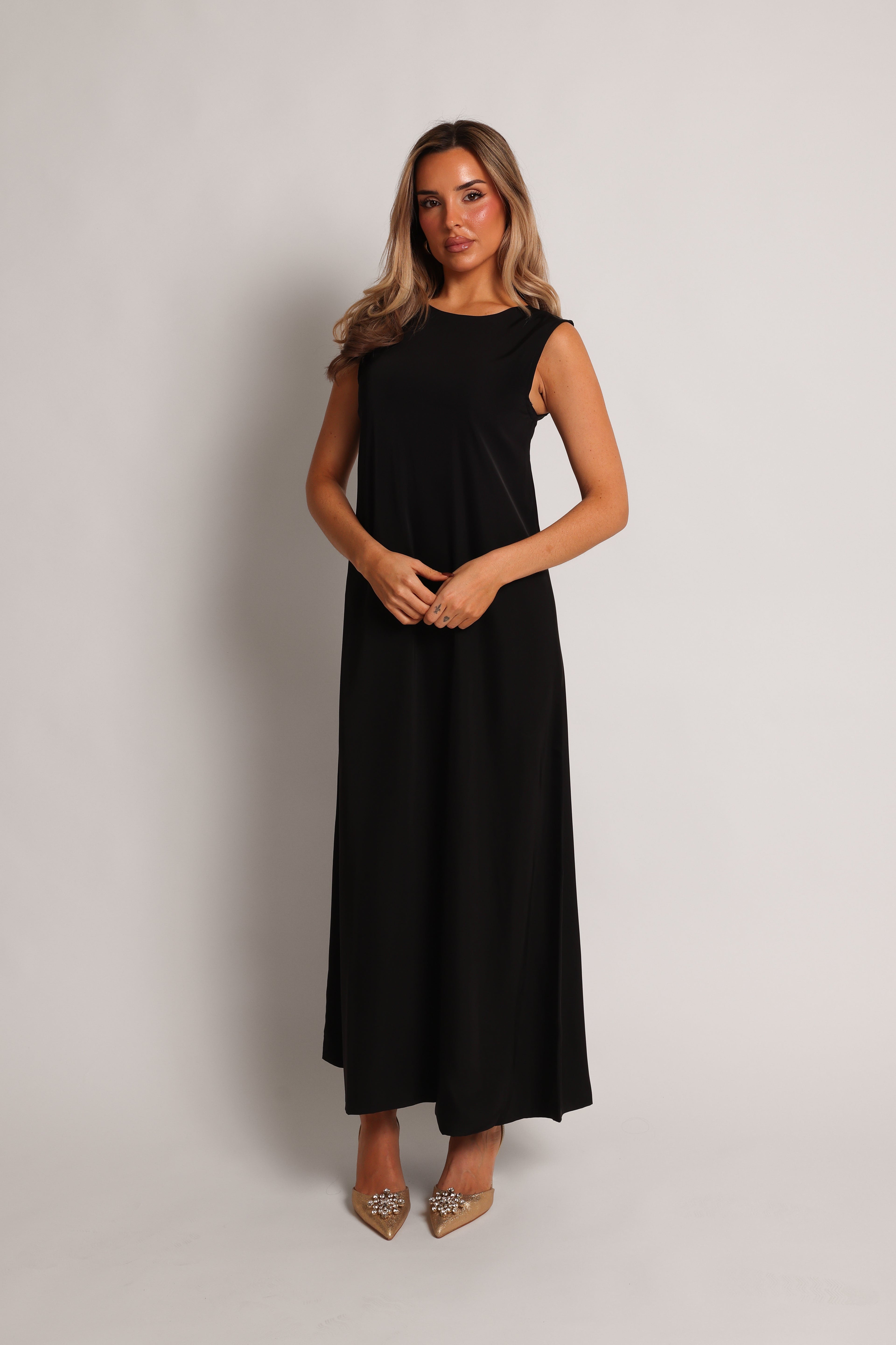 Black silky polyamide stretch maxi underdress – look 3