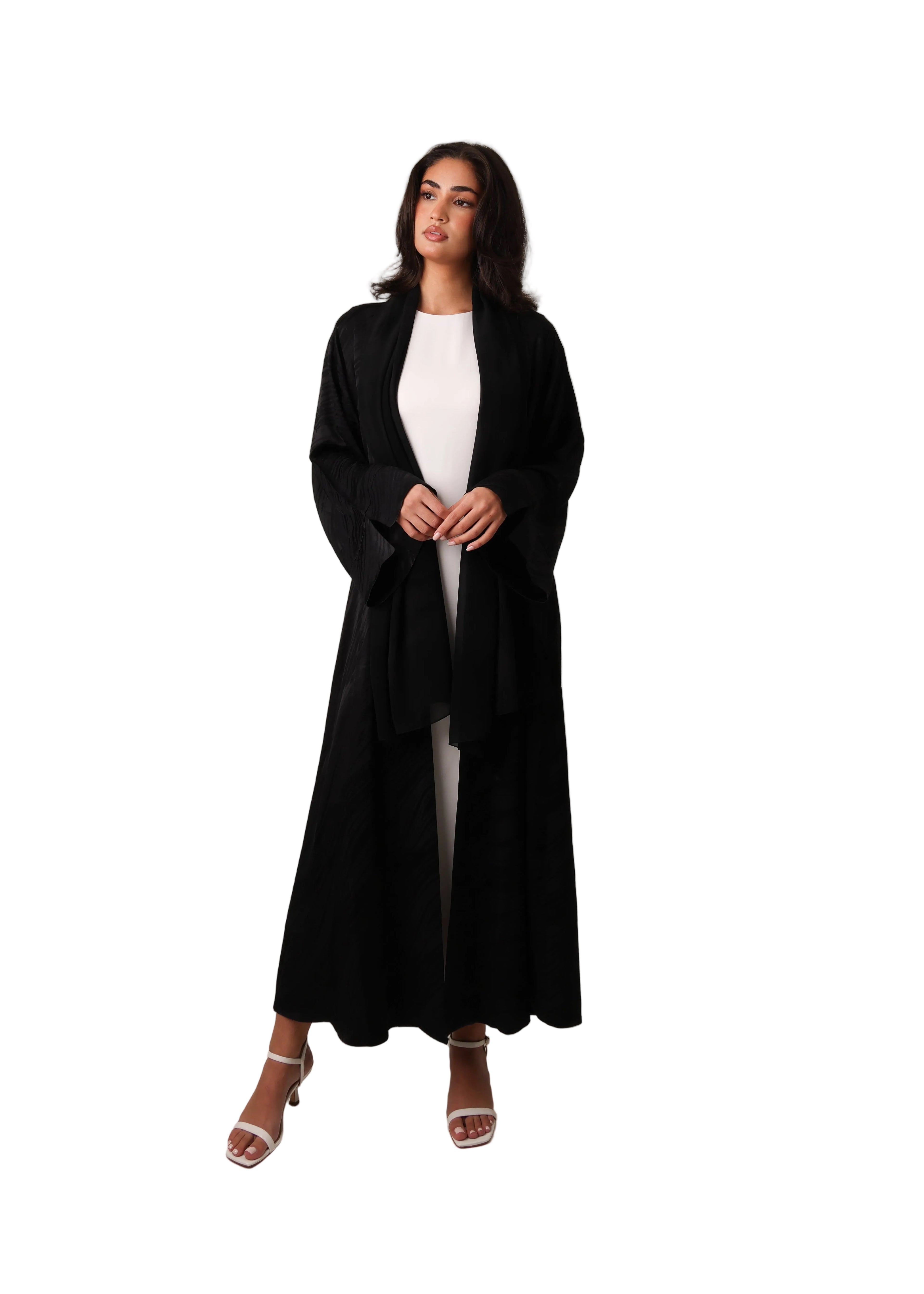 Black Turkish silky viscose jacquard open abaya – look 2