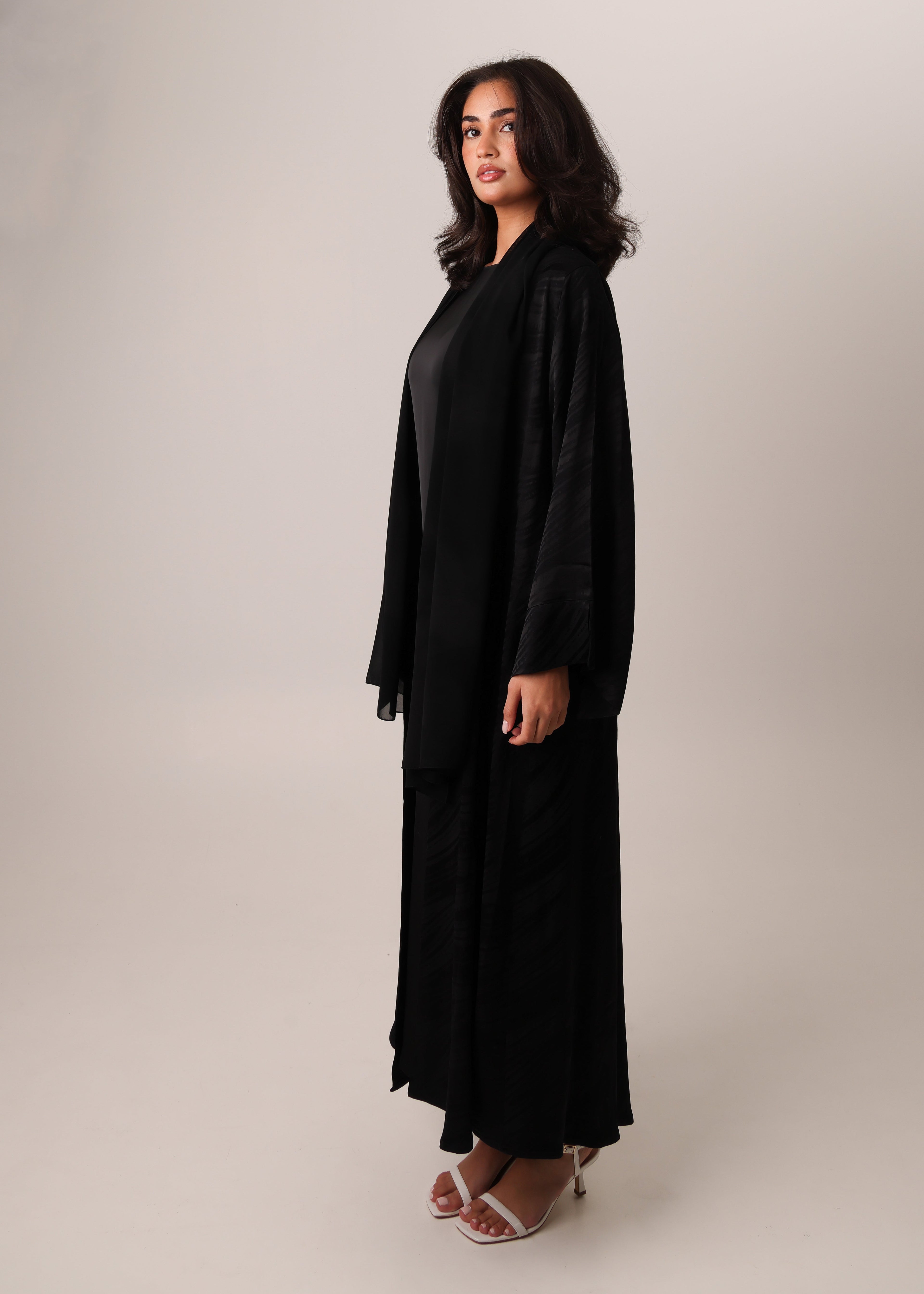 Black Turkish silky viscose jacquard open abaya – look 3