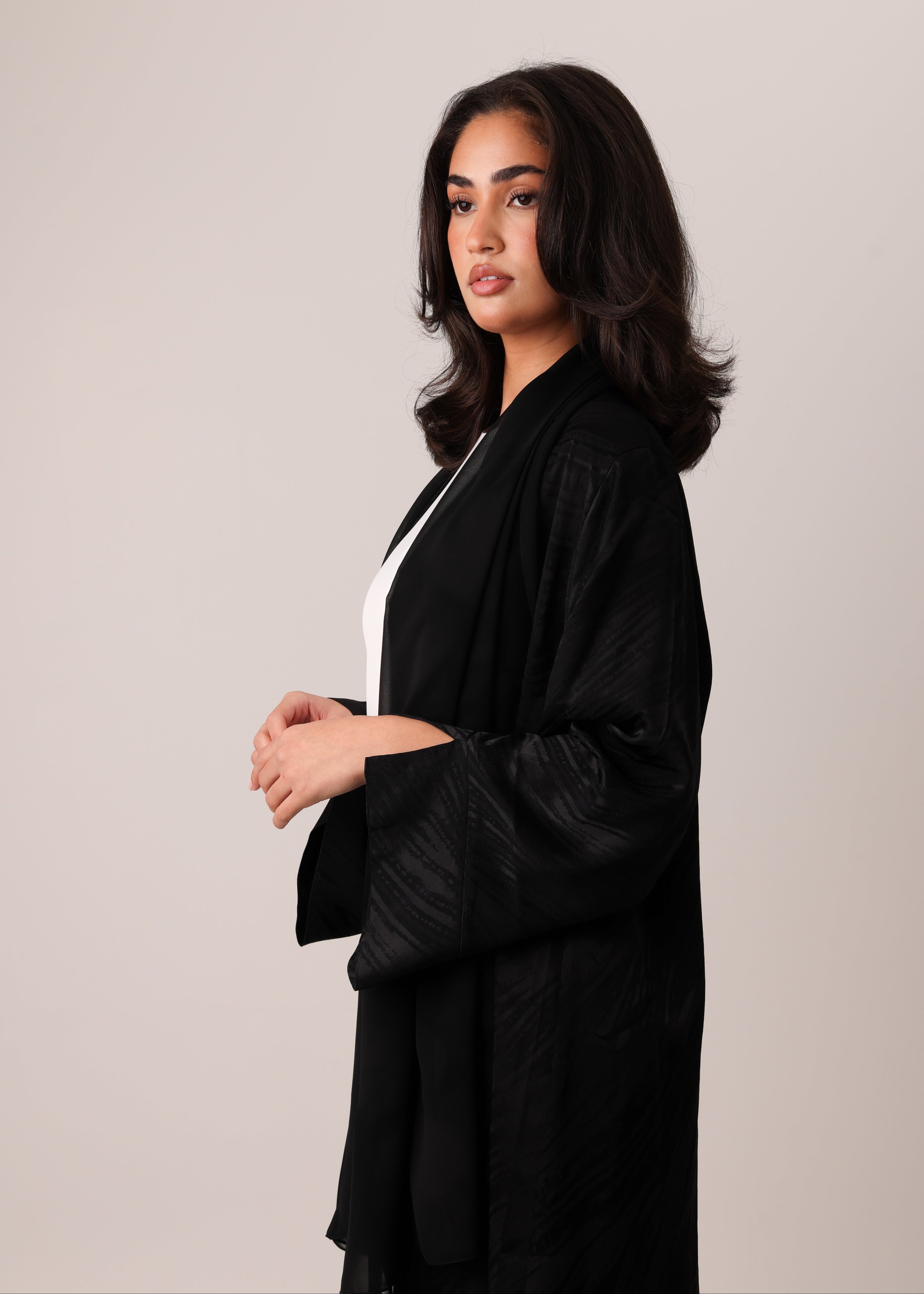 Black Turkish silky viscose jacquard open abaya – look 4