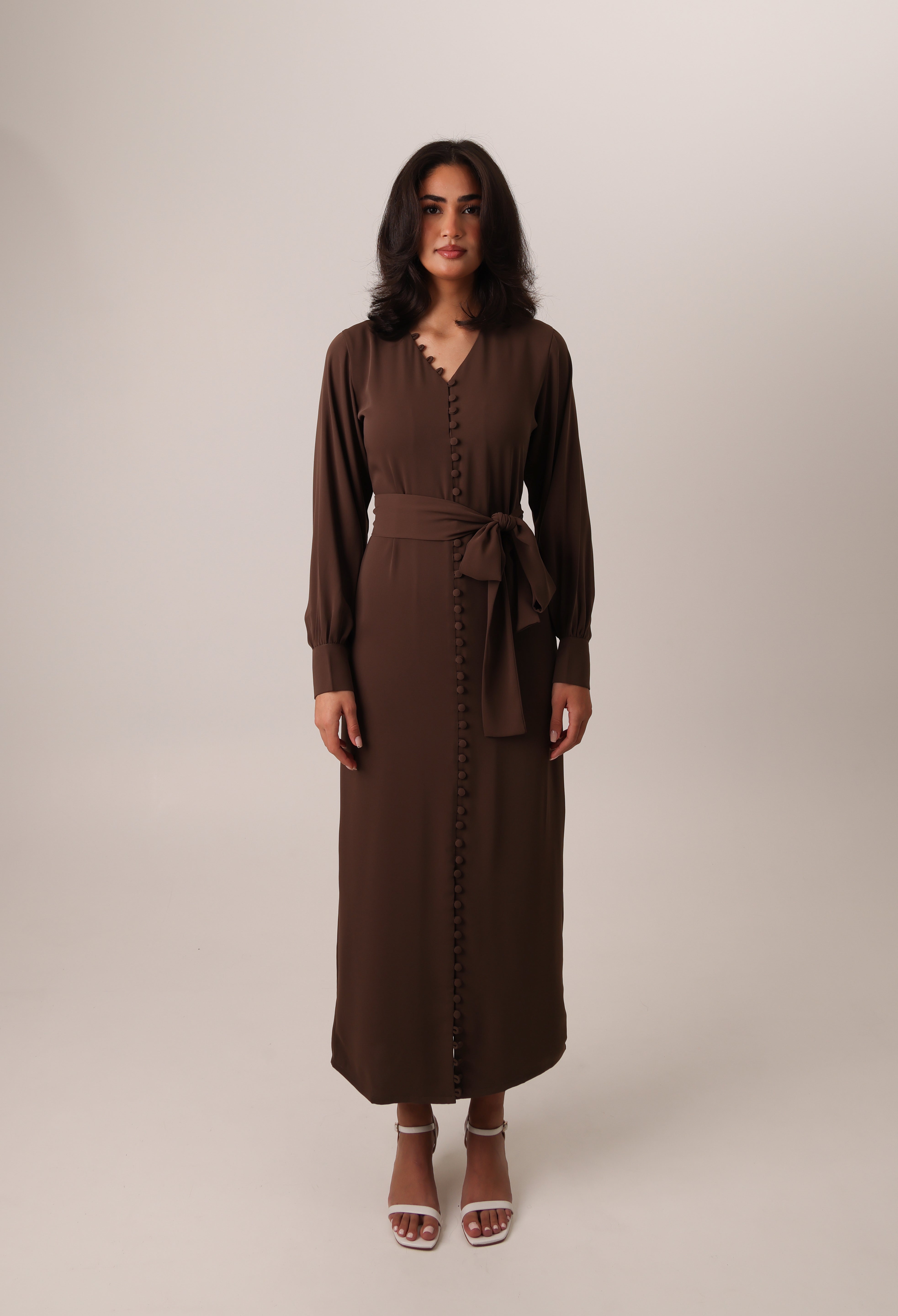 buttoned-crepe-kaftan-dress-brown-pencil