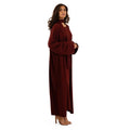 Cherry Burgundy Sienna Knit Maxi Cardigan with convertible belt/scarf, styled over matching dress, three-quarter front view
