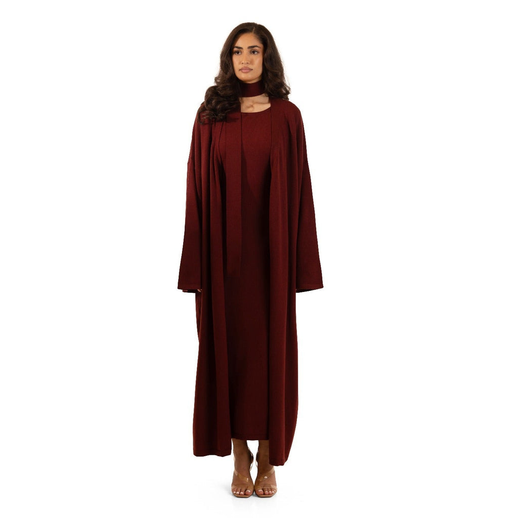 Cherry Burgundy Sienna Knit Maxi Cardigan with convertible belt/scarf, styled over matching dress, full-length front view