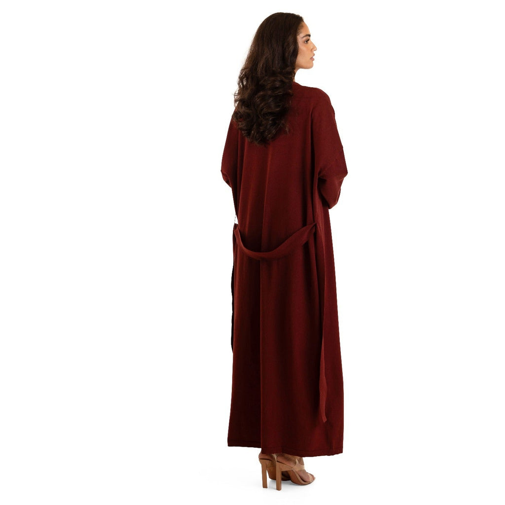 Cherry Burgundy Sienna Knit Maxi Cardigan, back view showing longline drape and convertible belt detail