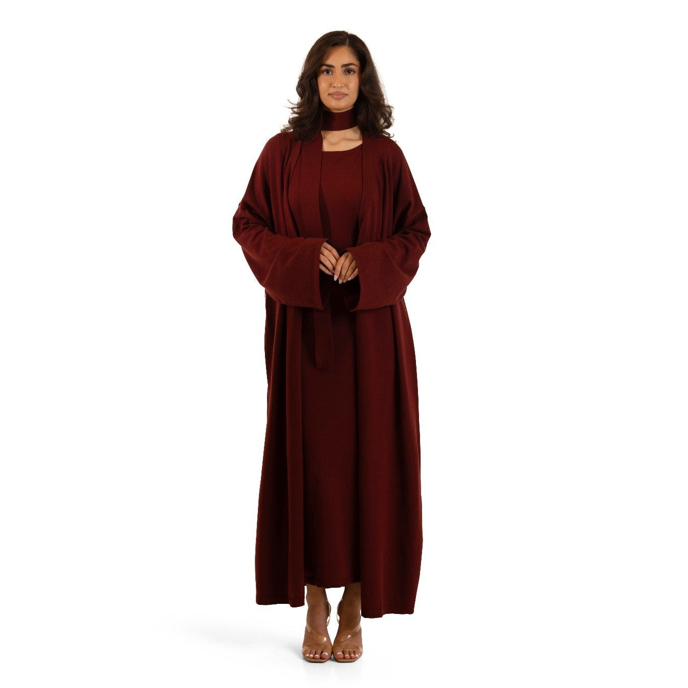 Cherry Burgundy Sienna Knit Maxi Cardigan, front view showing relaxed wide sleeves
