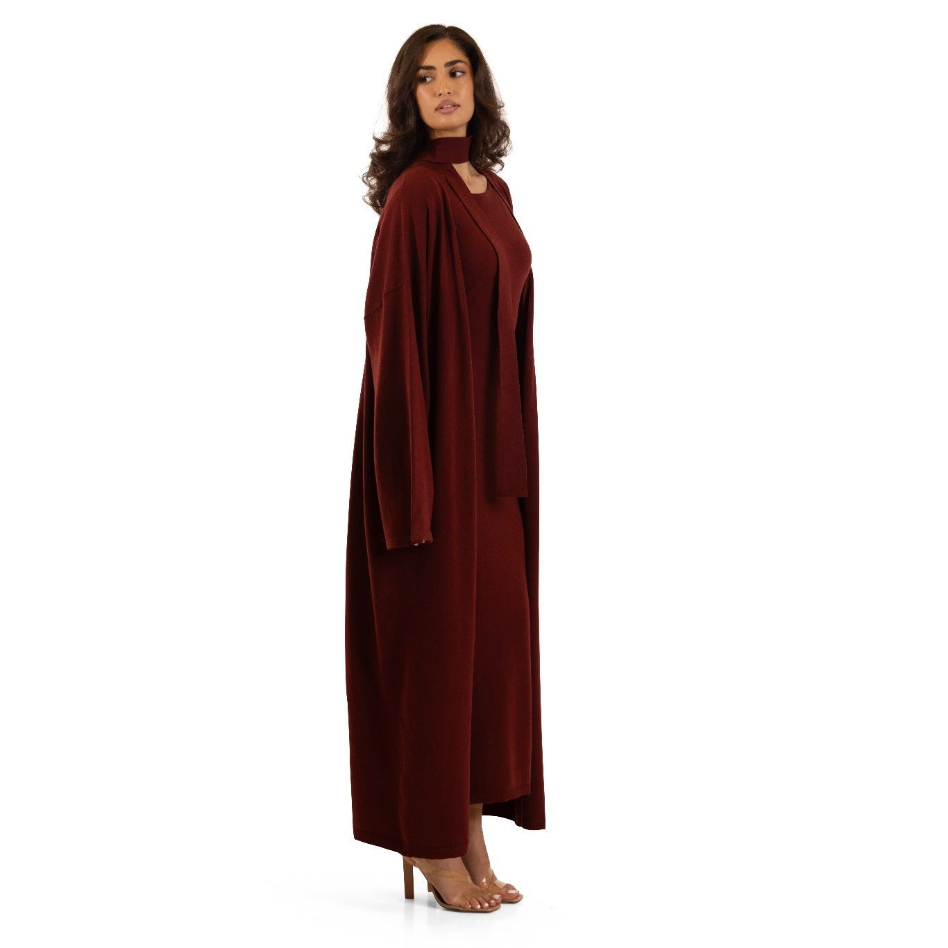 Cherry Burgundy Sienna Knit Maxi Cardigan with convertible belt/scarf, full-length side view