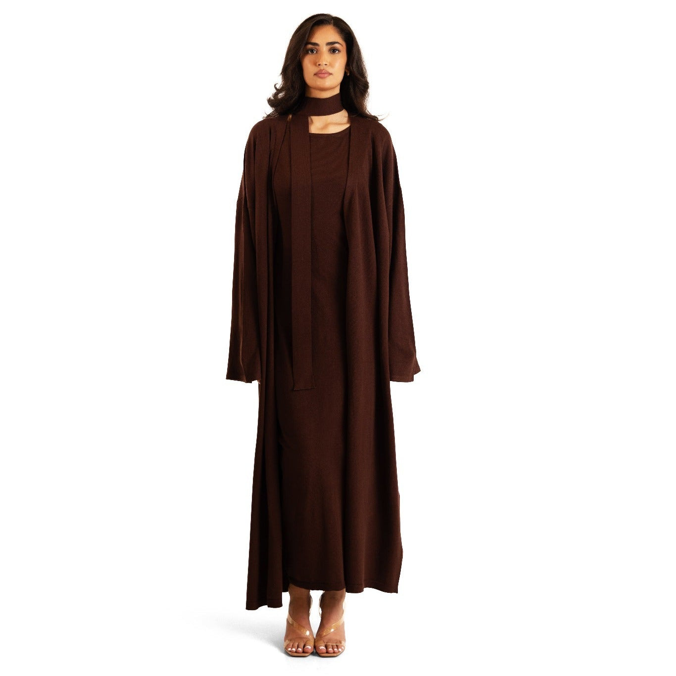 Chocolate Brown Sienna Knit Maxi Cardigan with convertible belt/scarf, styled over matching dress, full-length front view