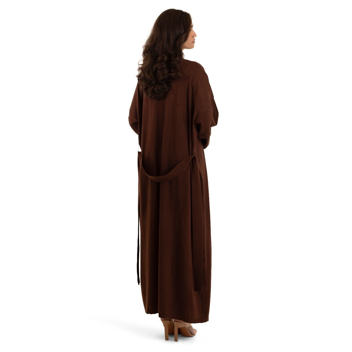 Chocolate Brown Sienna Knit Maxi Cardigan, back view showing longline drape and convertible belt detail