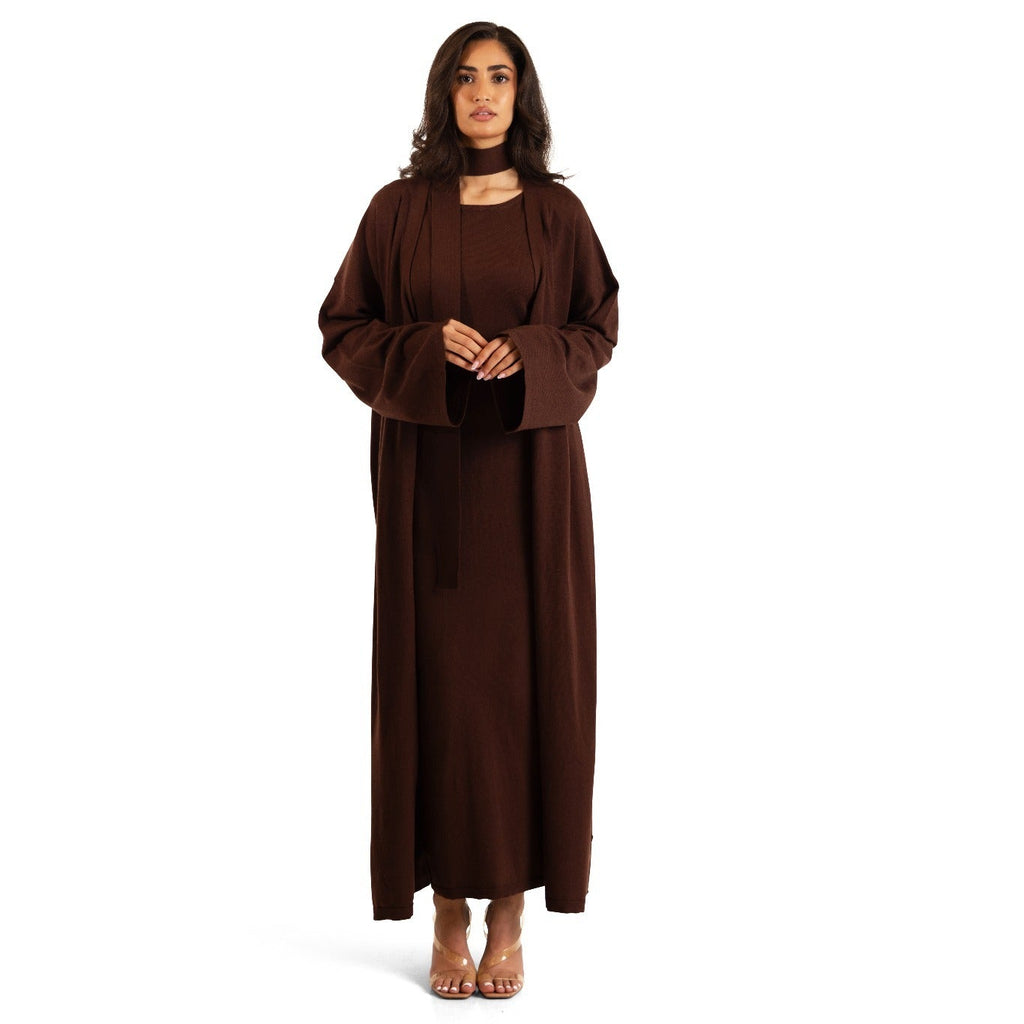 Chocolate Brown Sienna Knit Maxi Cardigan, front view showing relaxed wide sleeves and longline silhouette