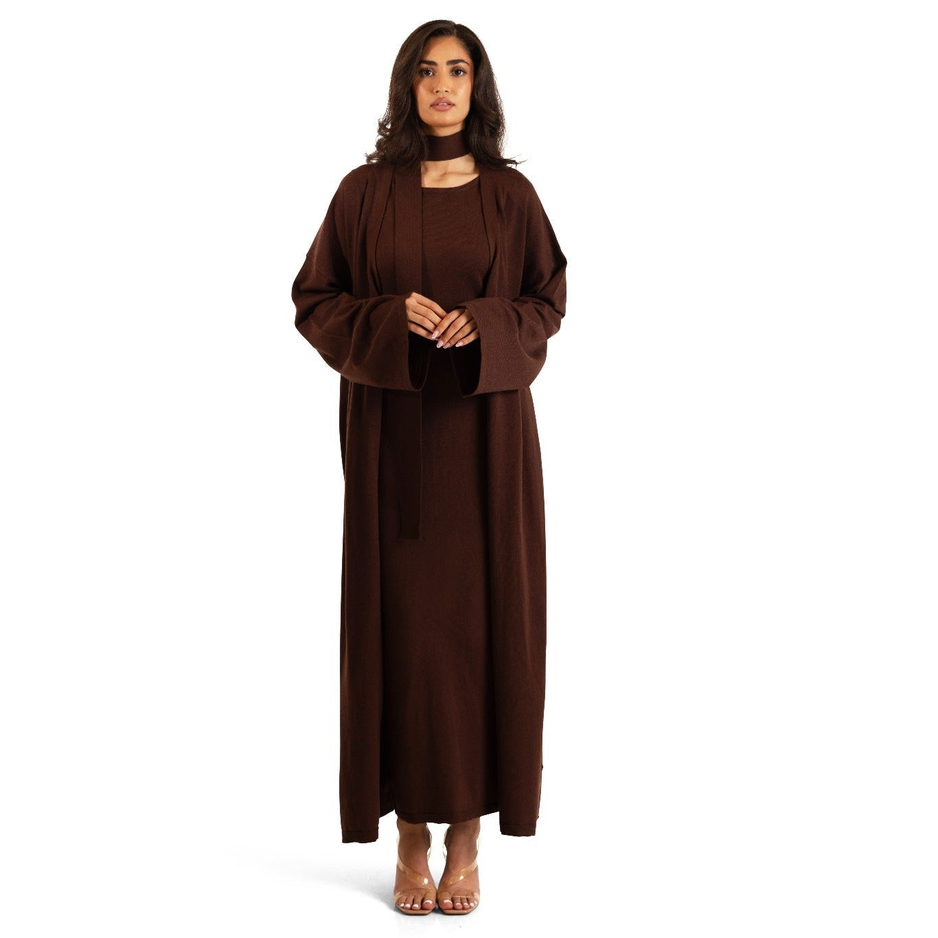 Chocolate Brown Sienna Knit Maxi Cardigan, front view showing relaxed wide sleeves and longline silhouette