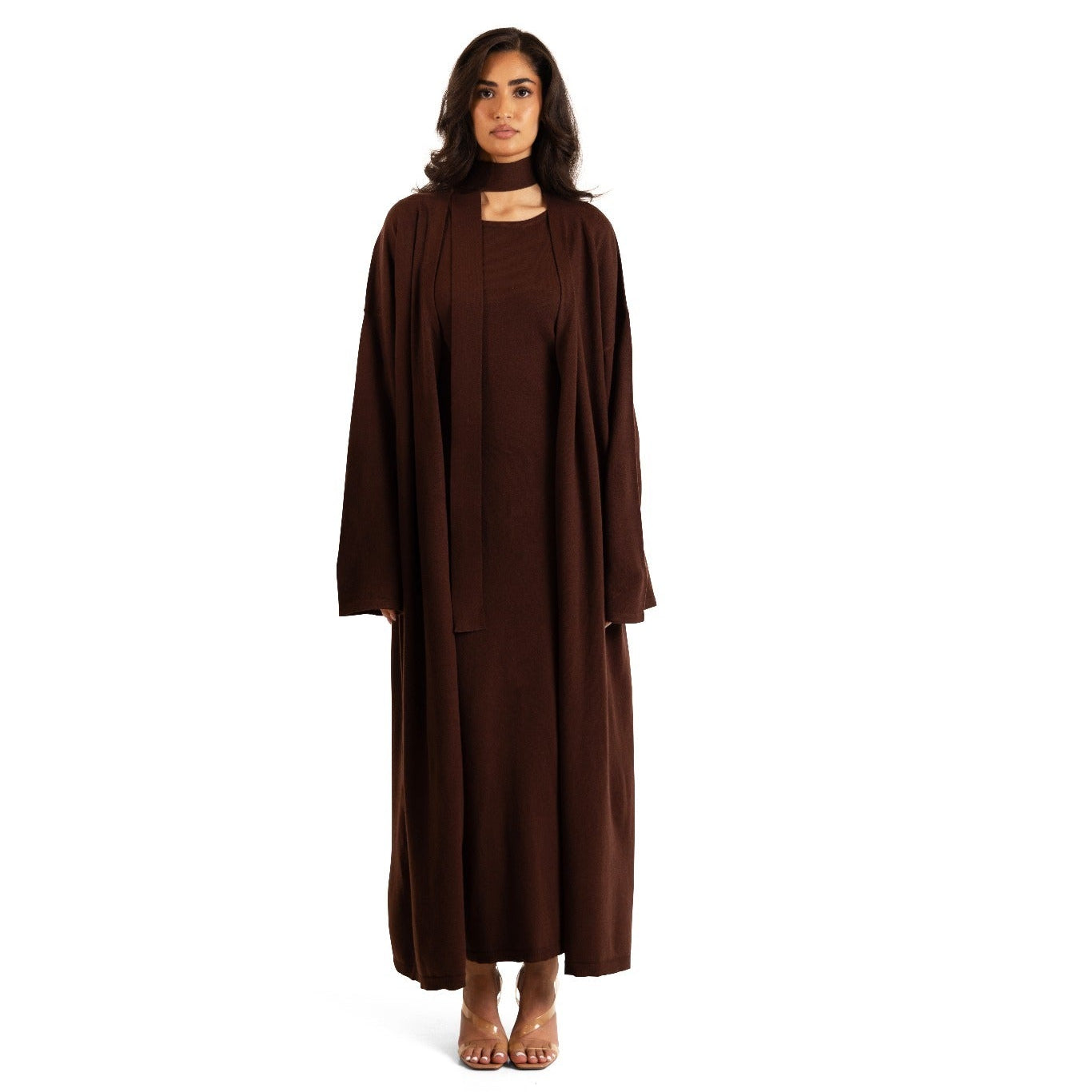 Chocolate Brown Sienna Knit Maxi Cardigan, full-length front view with soft fluid knit drape
