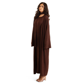Chocolate Brown Sienna Knit Maxi Cardigan with convertible belt/scarf, styled over matching dress, three-quarter side view