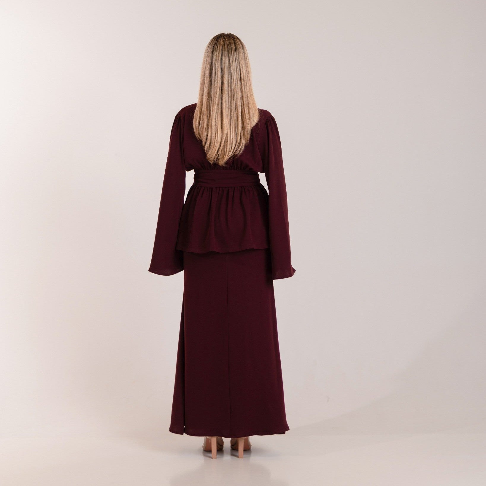 Daisy Deep Burgundy two-piece occasion set with defined-waist blouse
