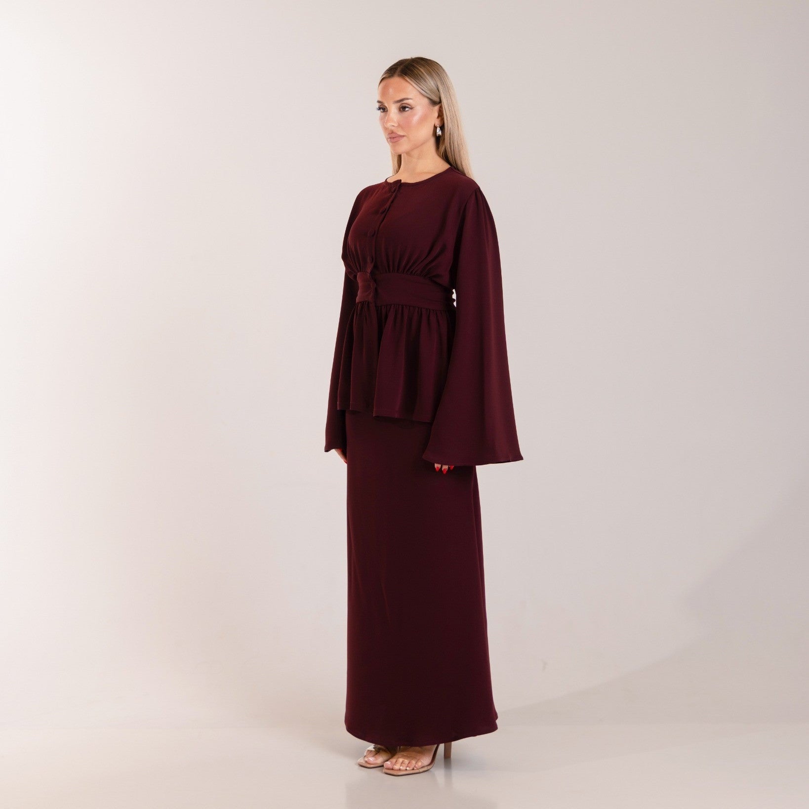 Deep Burgundy Daisy modest co-ord with blouse and mermaid maxi skirt