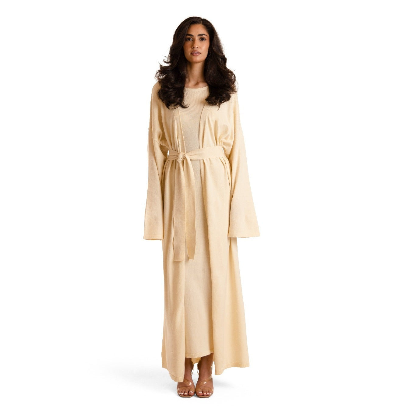 Ivory Cream Sienna Knit Maxi Cardigan with convertible belt/scarf, styled over matching dress, front belted view
