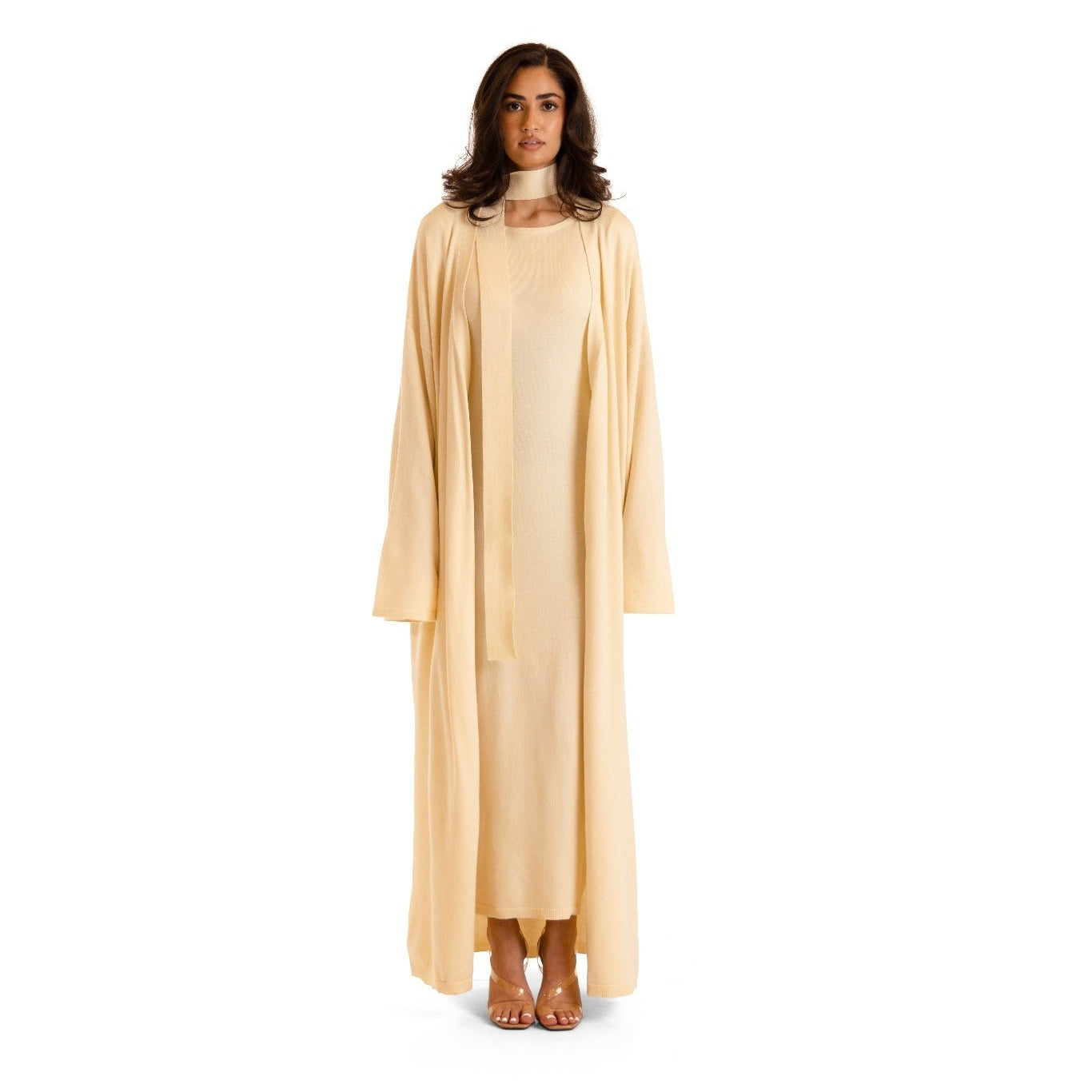 Ivory Cream Sienna Knit Maxi Cardigan with convertible belt/scarf, styled over matching dress, full-length front view