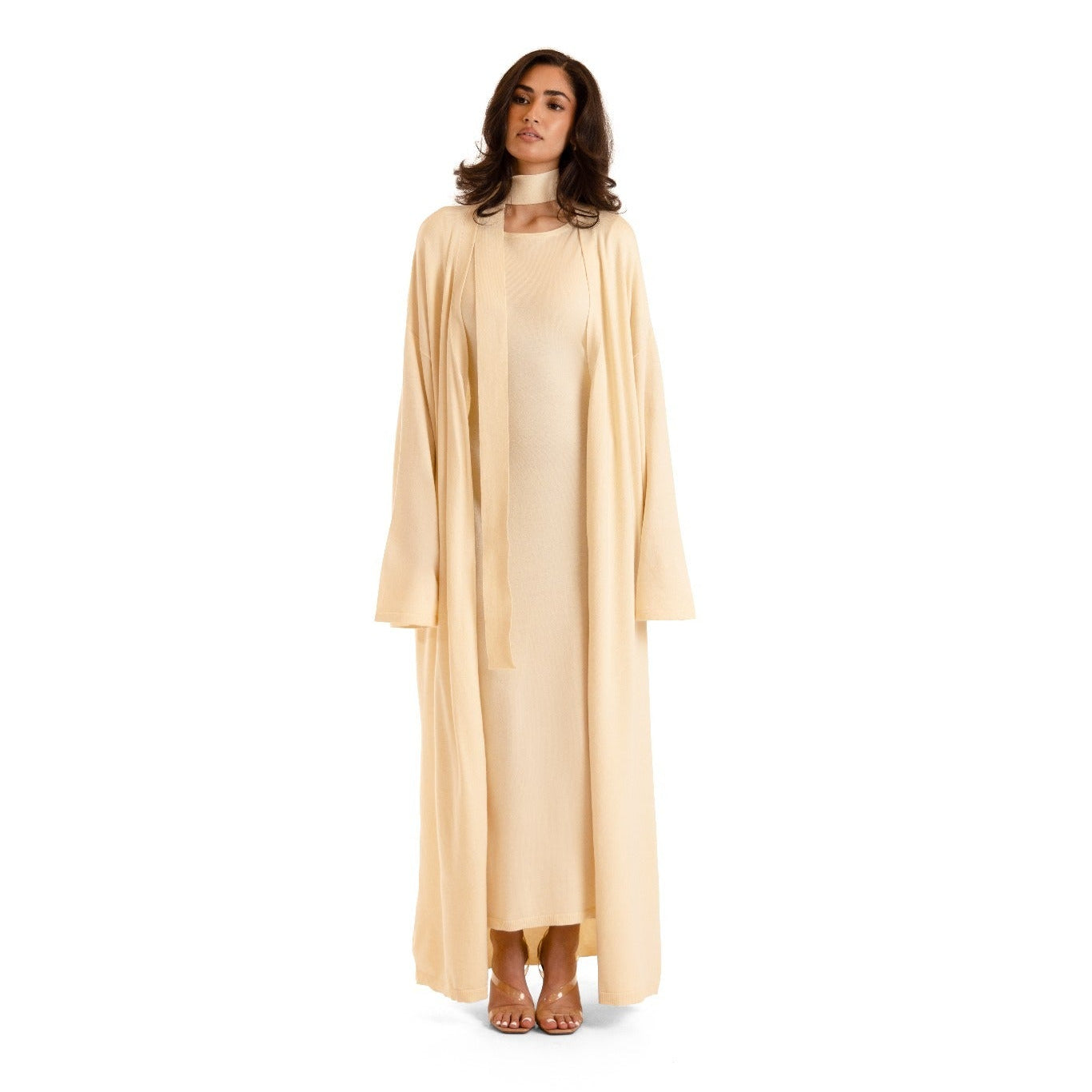 Ivory Cream Sienna Knit Maxi Cardigan, relaxed full-length front view showing the soft knit drape