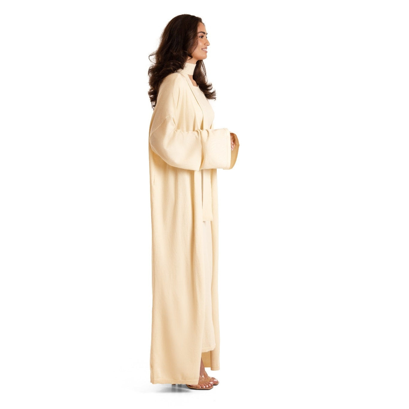 Ivory Cream Sienna Knit Maxi Cardigan with convertible belt/scarf, full-length side profile view