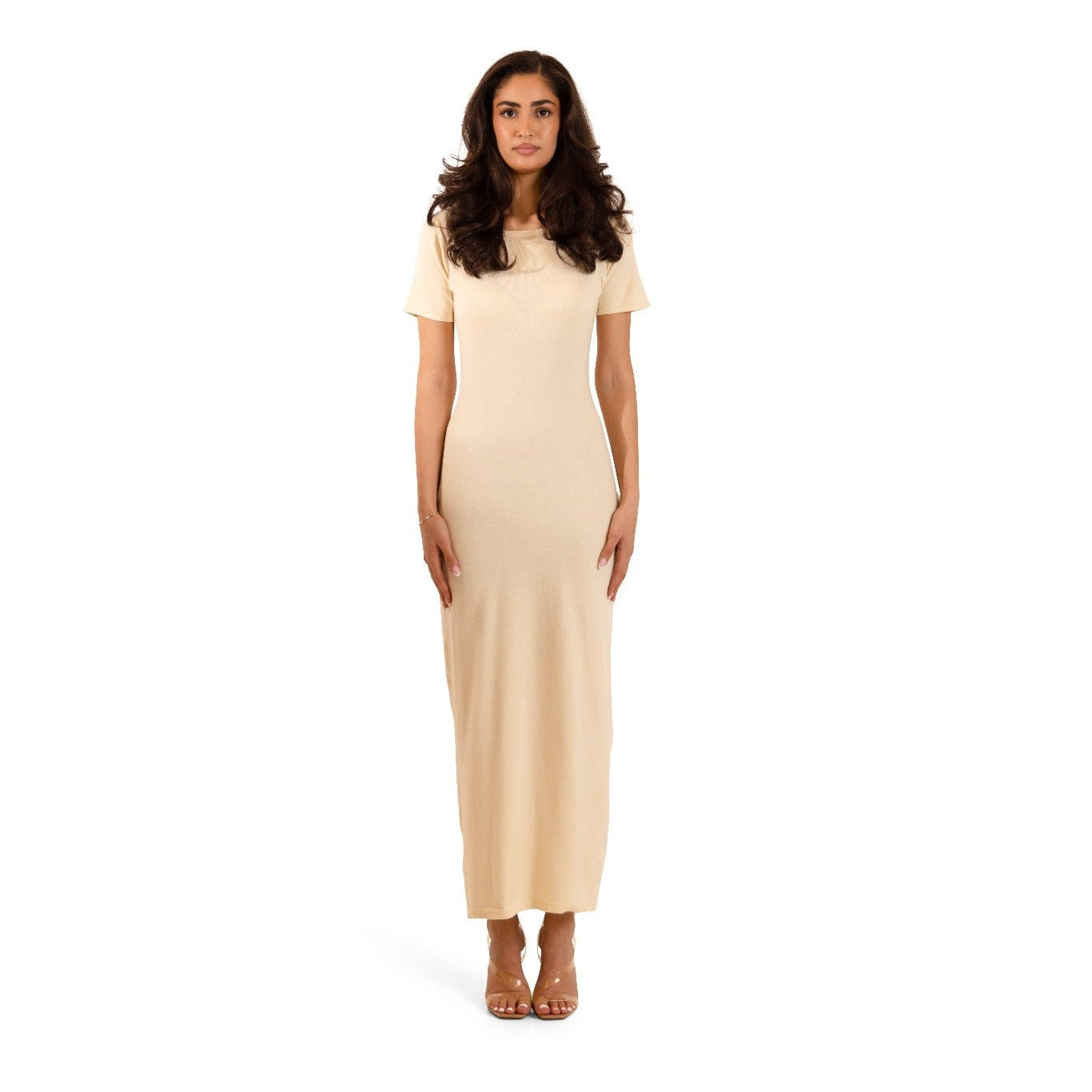 Ivory Cream Sienna Knit Long Maxi Dress, full-length front view