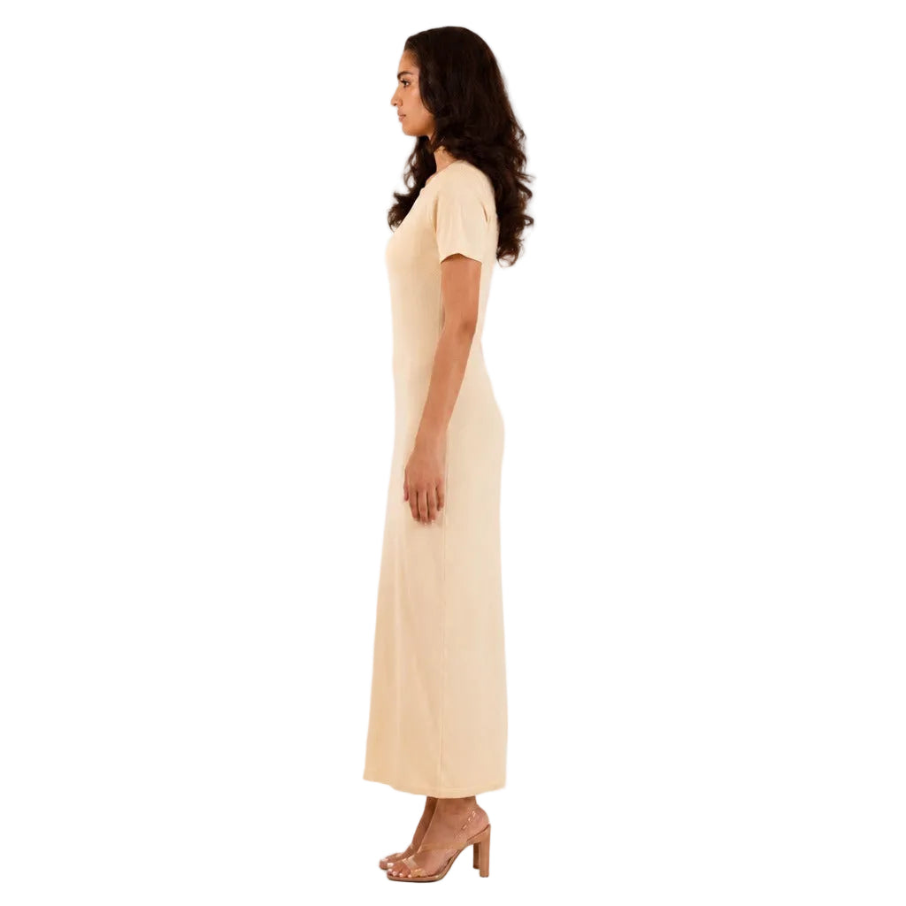 Ivory Cream Sienna Knit Long Maxi Dress, full-length left side profile view