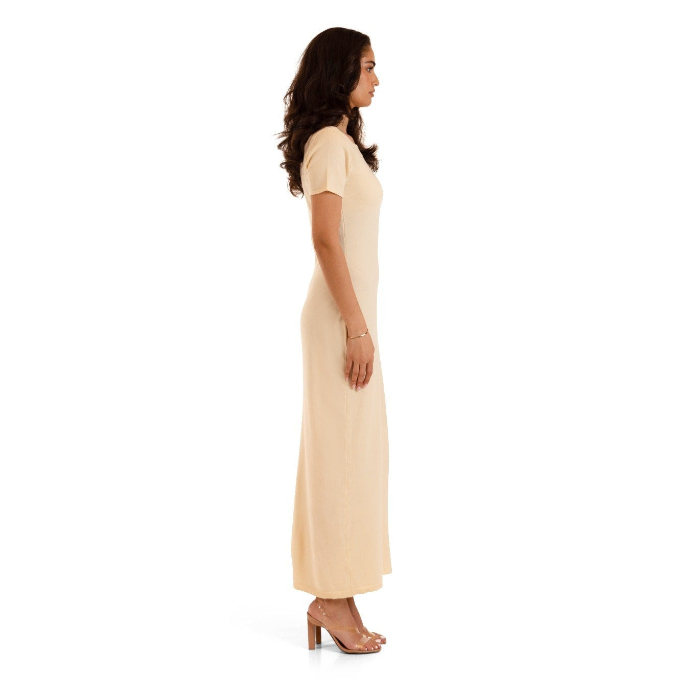 Ivory Cream Sienna Knit Long Maxi Dress, full-length right side profile view