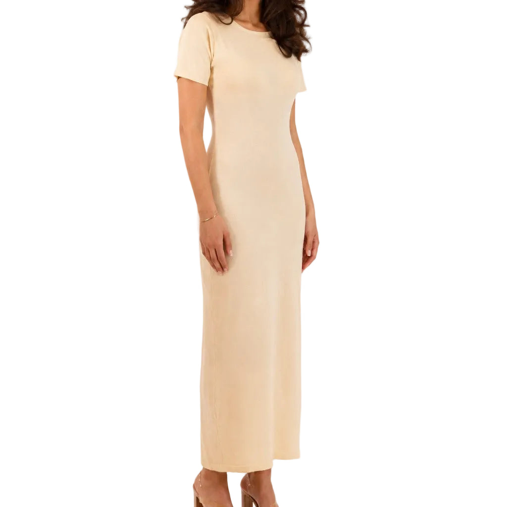 Ivory Cream Sienna Knit Long Maxi Dress, three-quarter front view