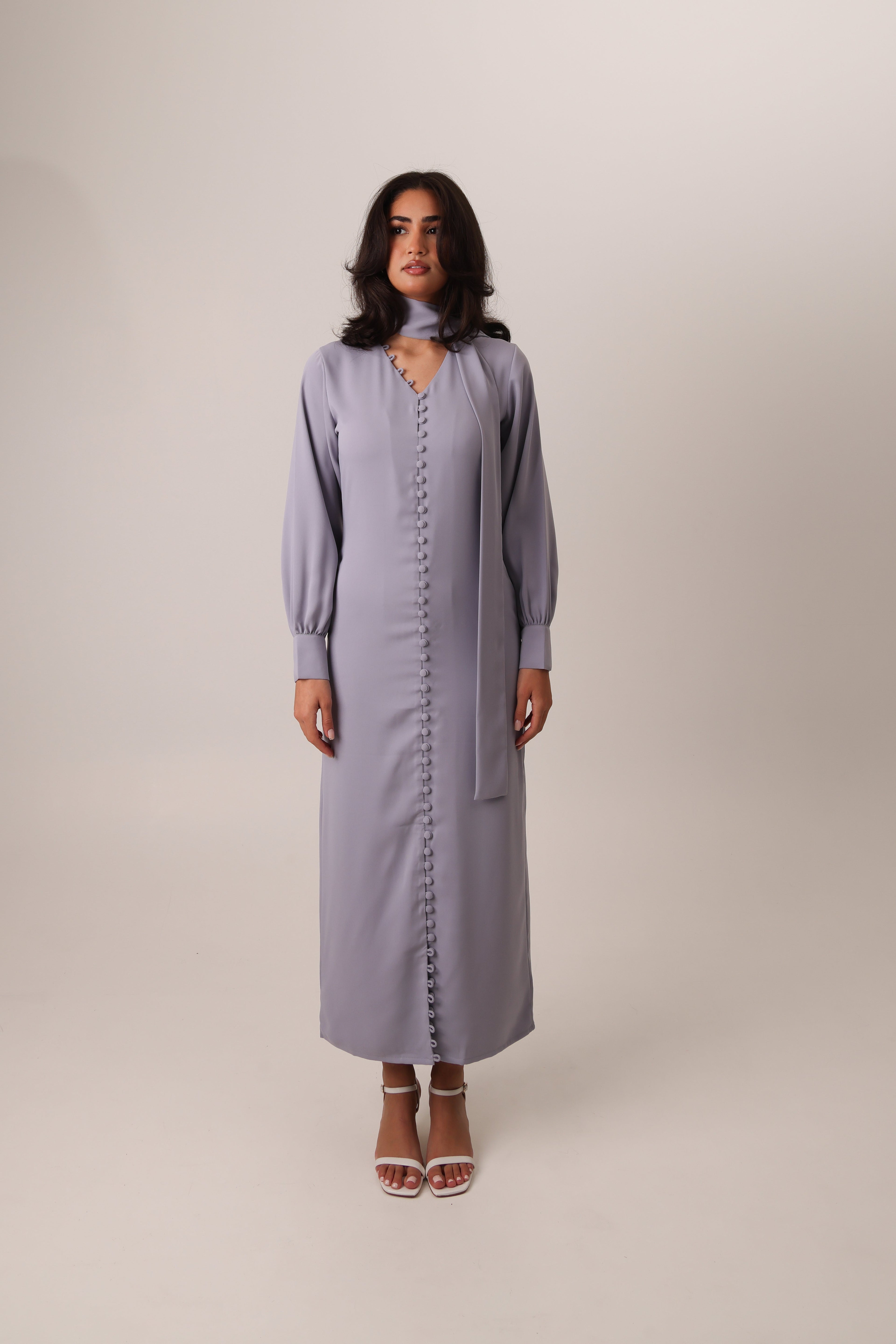 Lilac Noura silky buttoned maxi dress – look 1