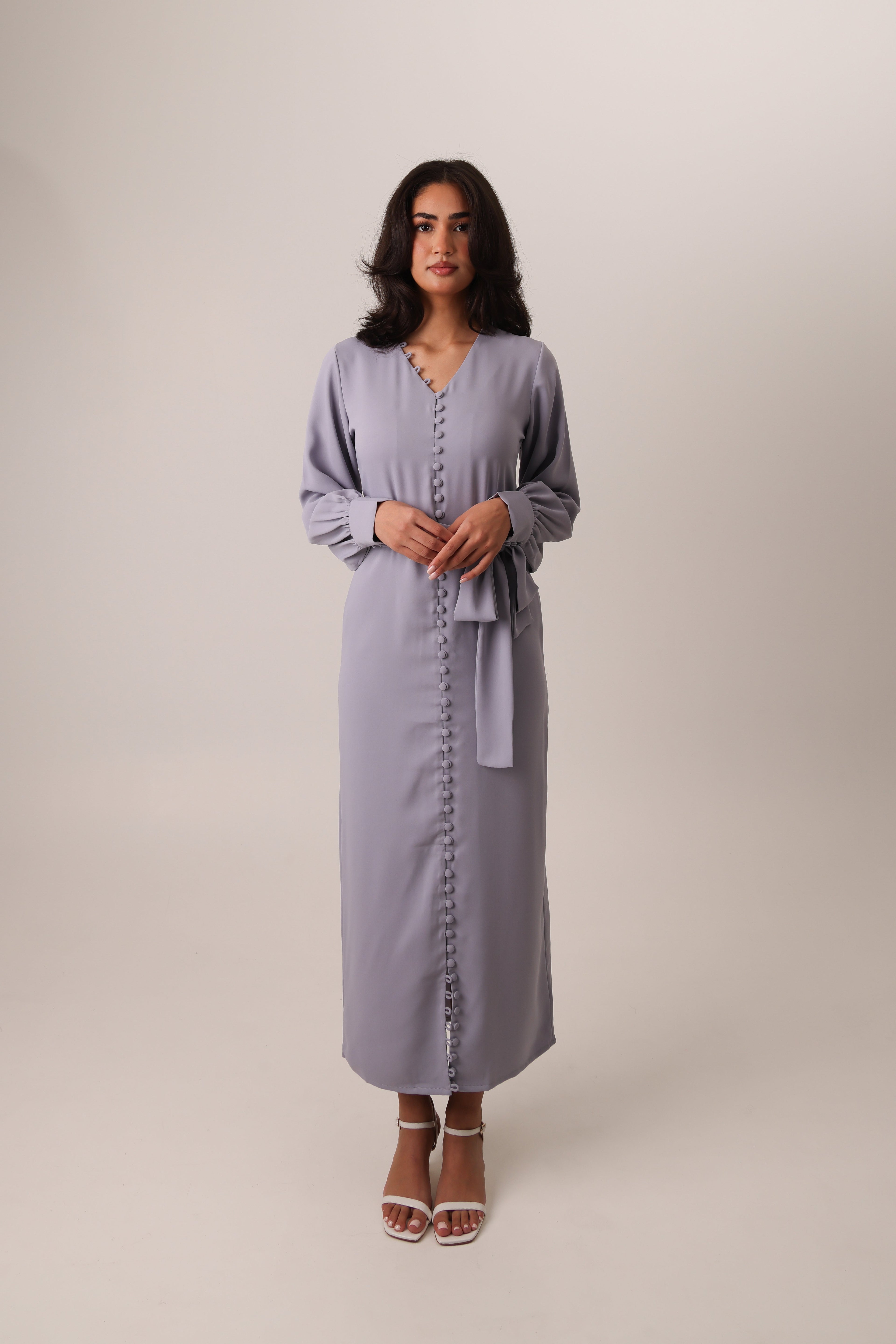 Lilac Noura silky buttoned maxi dress – look 3