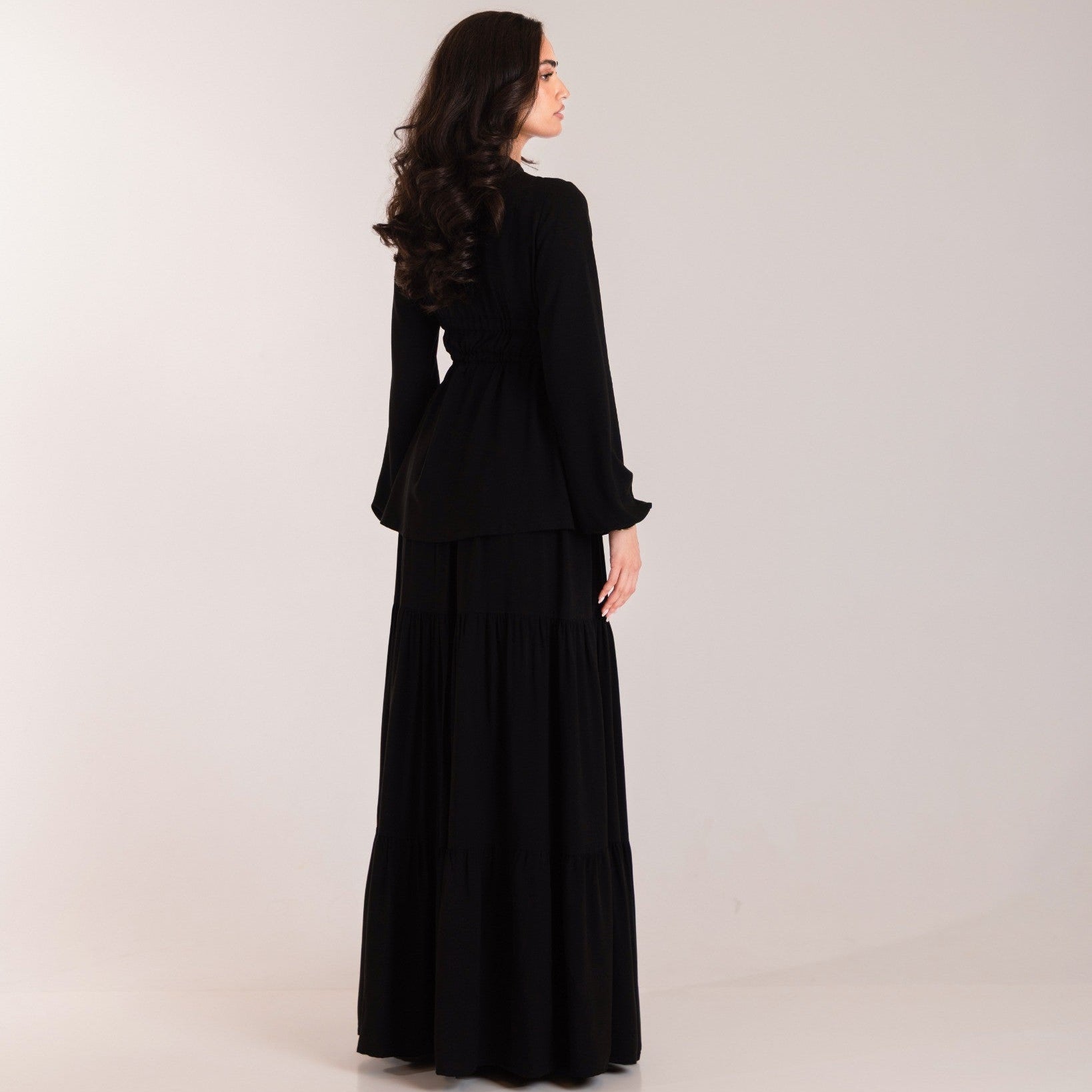 Formal Black Lolita modest co-ord with tie-front blouse and A-line maxi skirt
