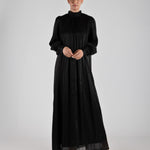 long-shiny-pearl-organza-modest-bubble-sleeve-waist-maxi-dress-black