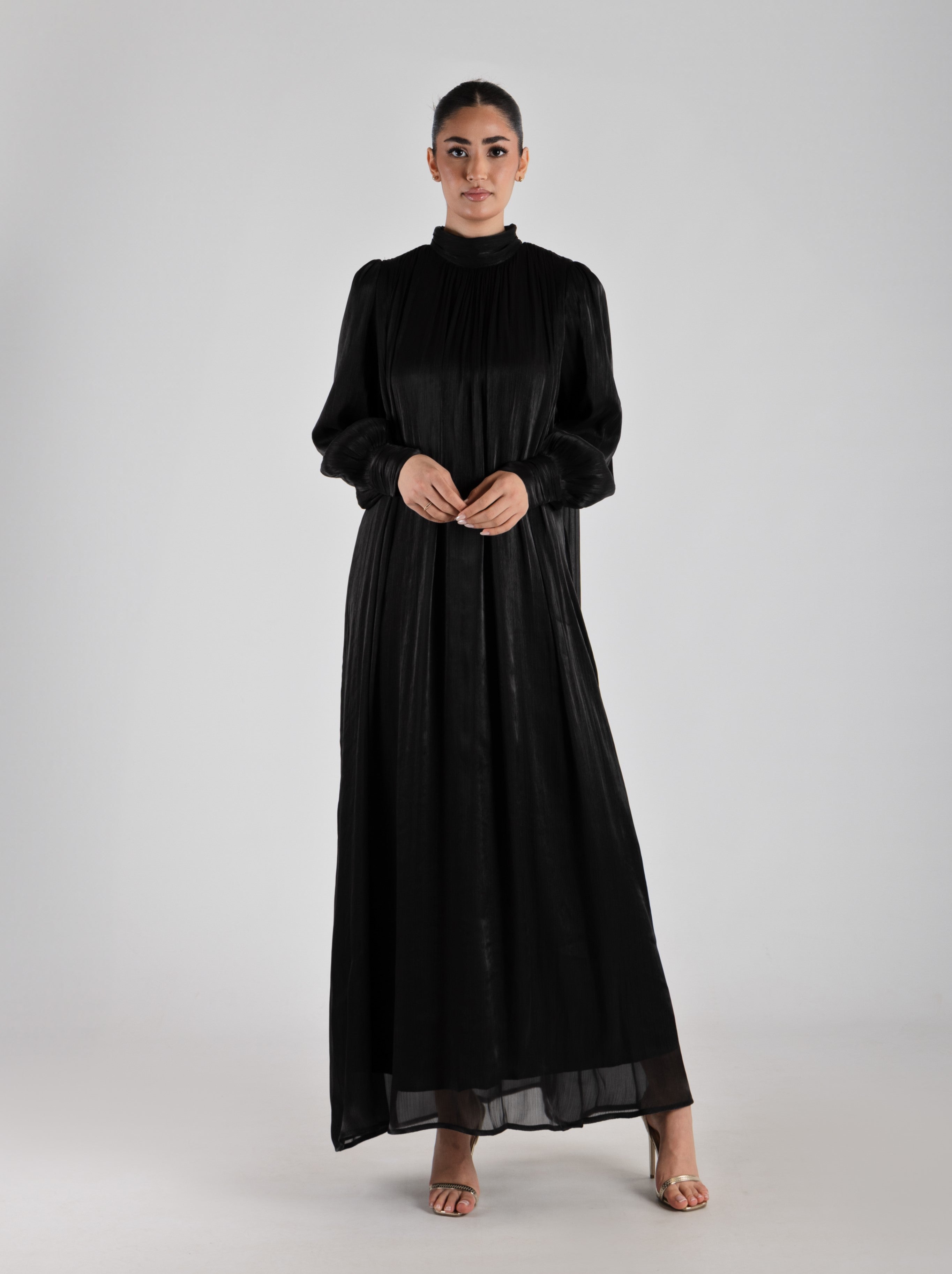 long-shiny-pearl-organza-modest-bubble-sleeve-waist-maxi-dress-black