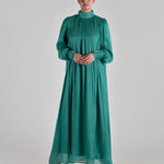 long-shiny-pearl-organza-modest-bubble-sleeve-waist-maxi-dress-emerald-green