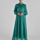 long-shiny-pearl-organza-modest-bubble-sleeve-waist-maxi-dress-emerald-green