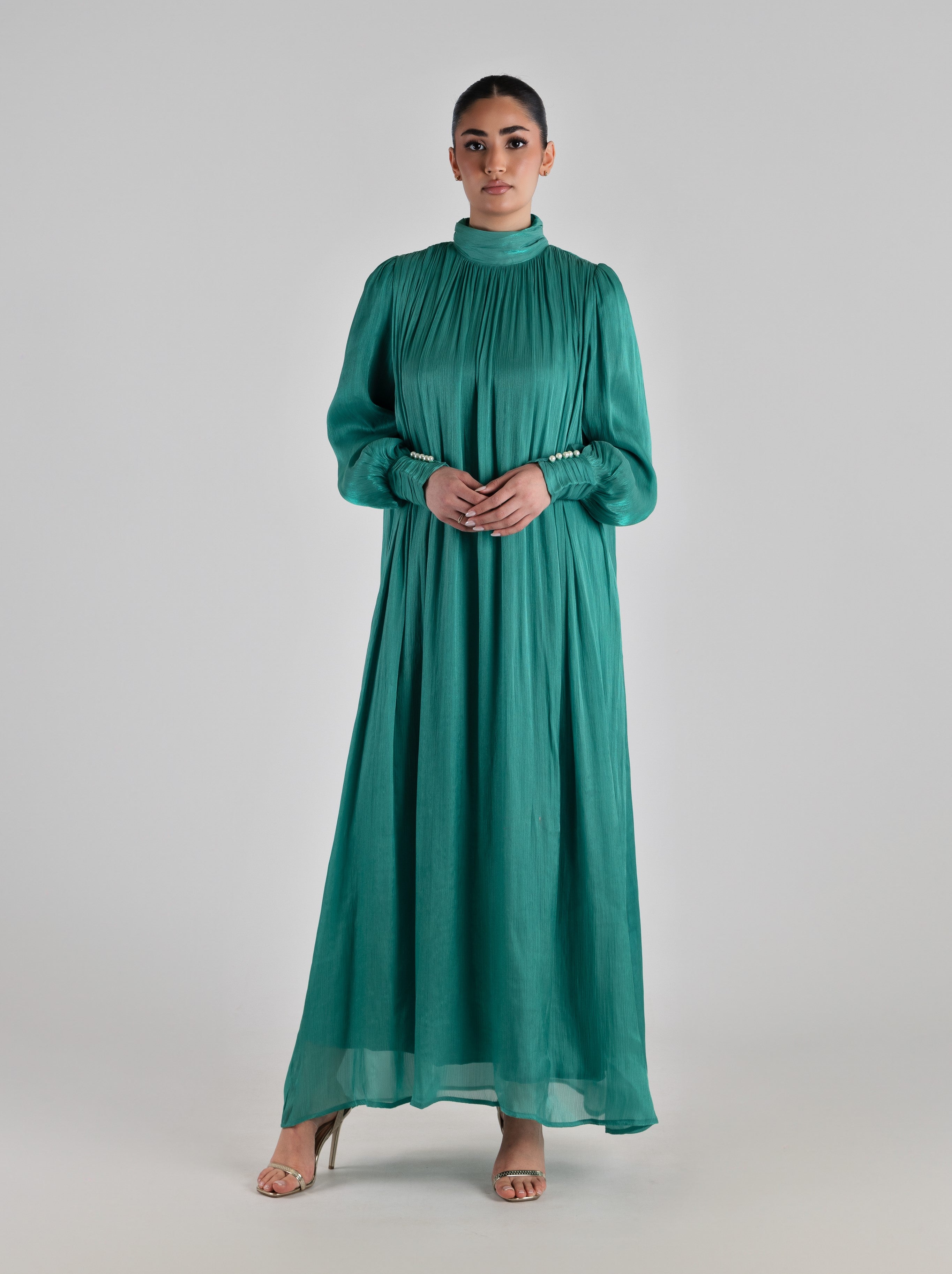 long-shiny-pearl-organza-modest-bubble-sleeve-waist-maxi-dress-emerald-green