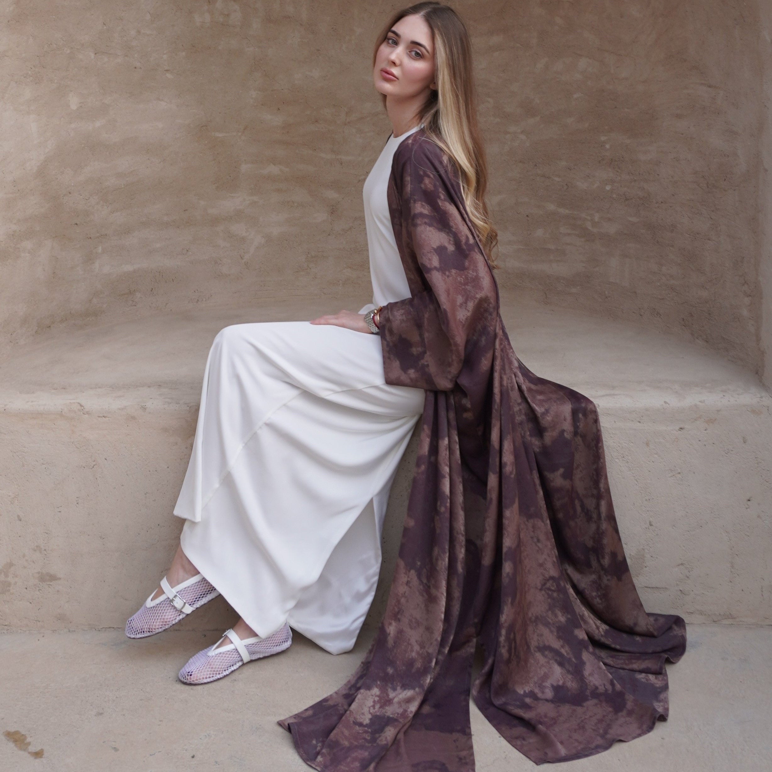 Matte Hawa opaque silky polyamide open abaya with flowing butterfly silhouette