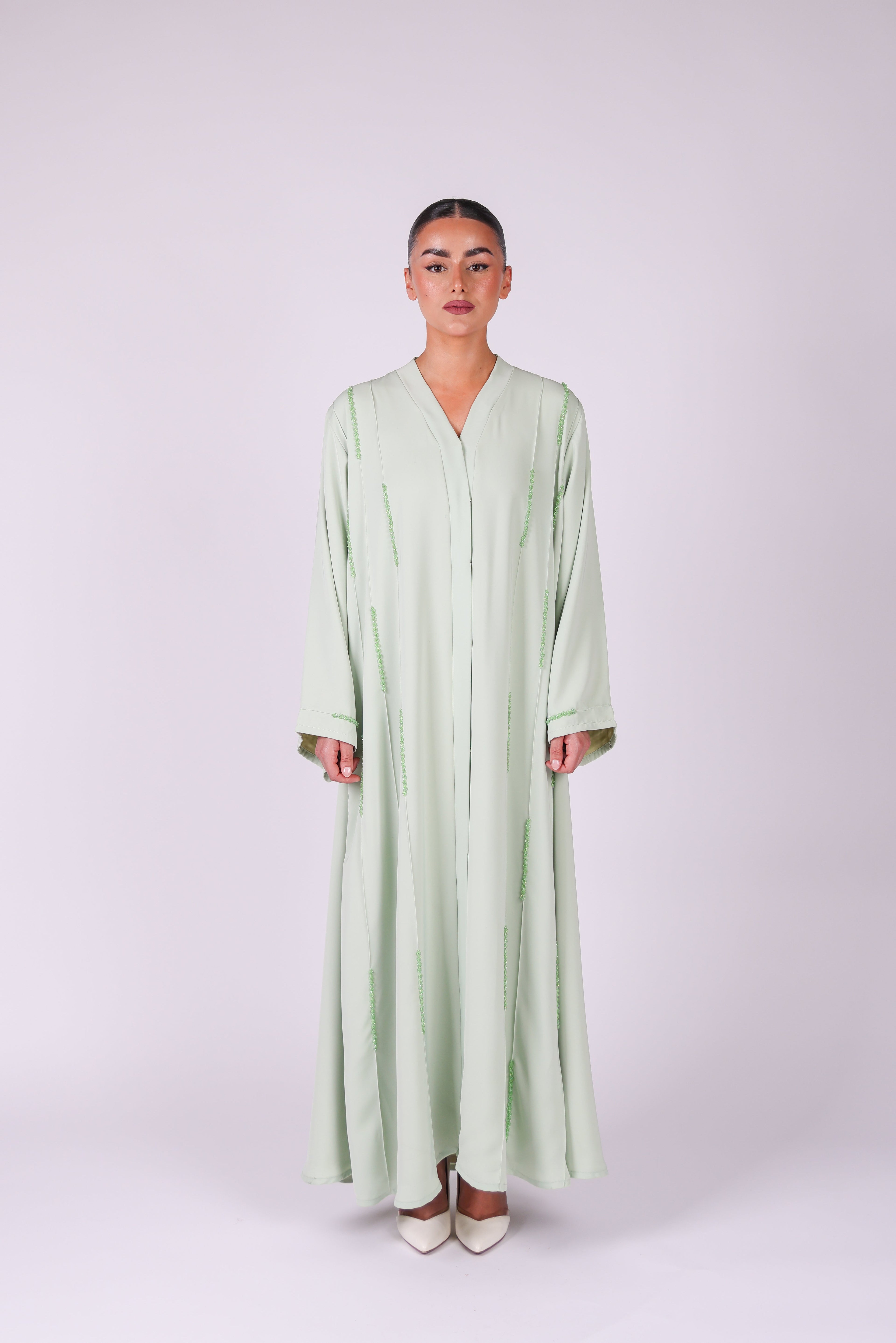 Mint Green Malaika hand-embellished abaya in 100% silky polyamide – look 1