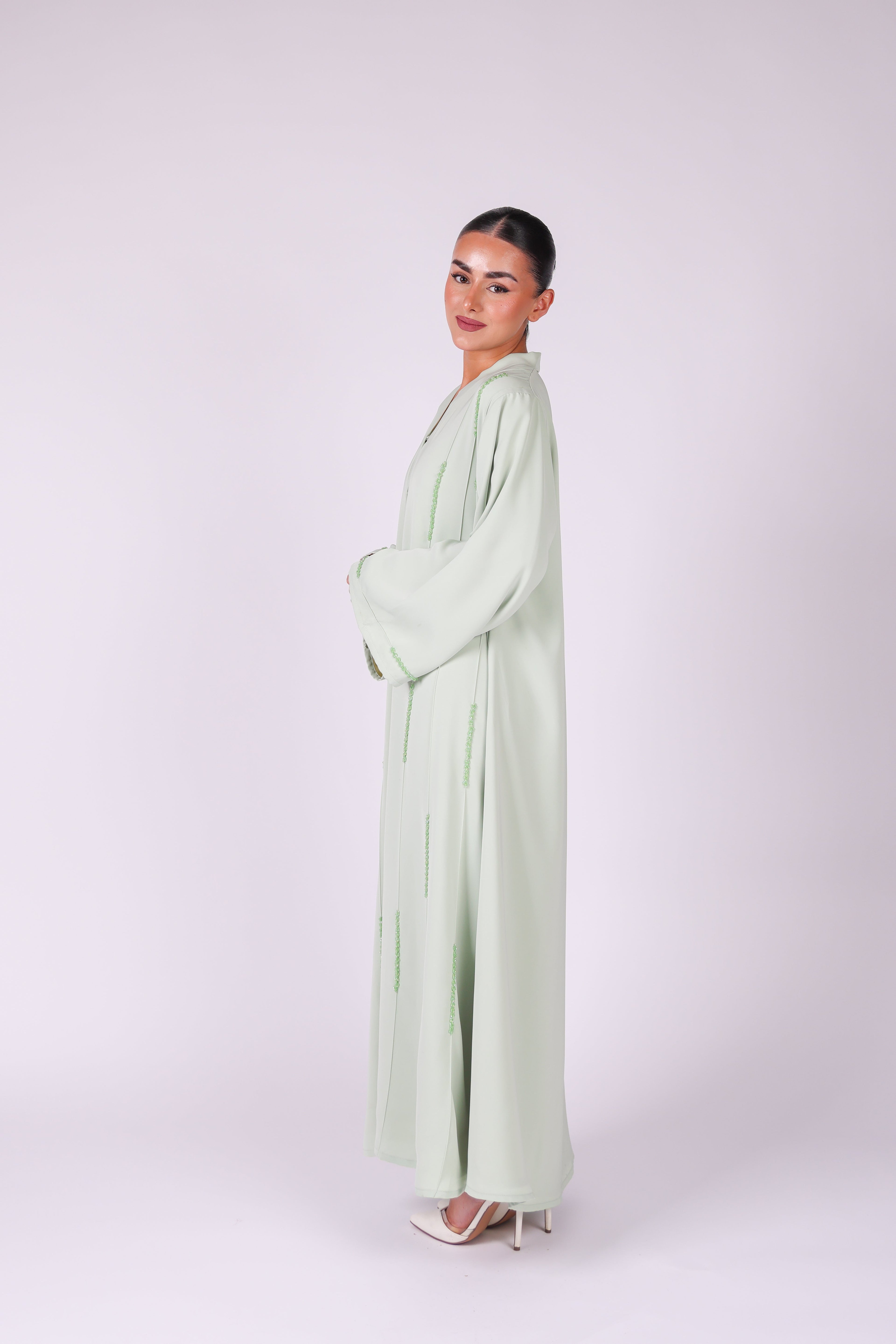Mint Green Malaika hand-embellished abaya in 100% silky polyamide – look 2