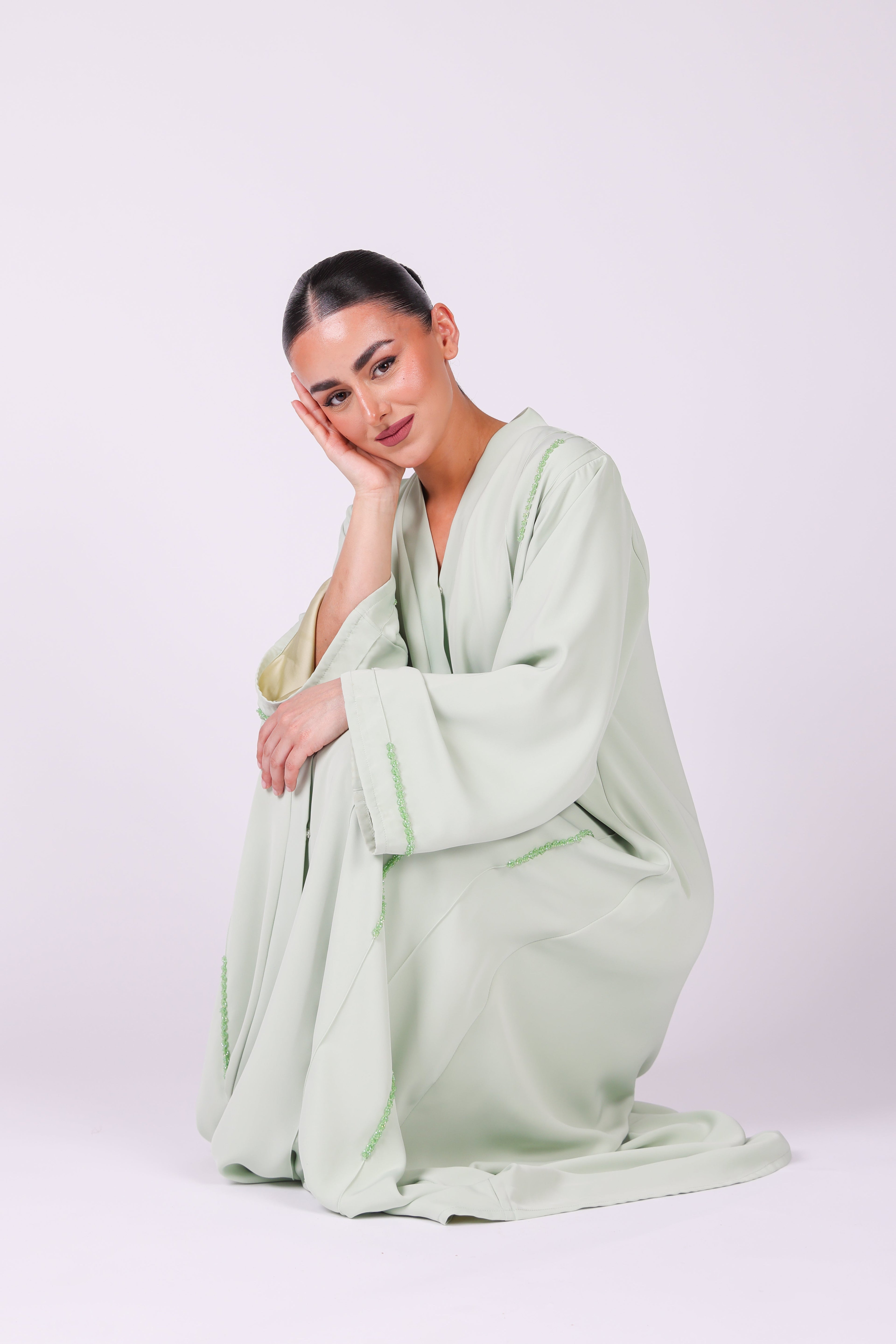 Mint Green Malaika hand-embellished abaya in 100% silky polyamide – look 3