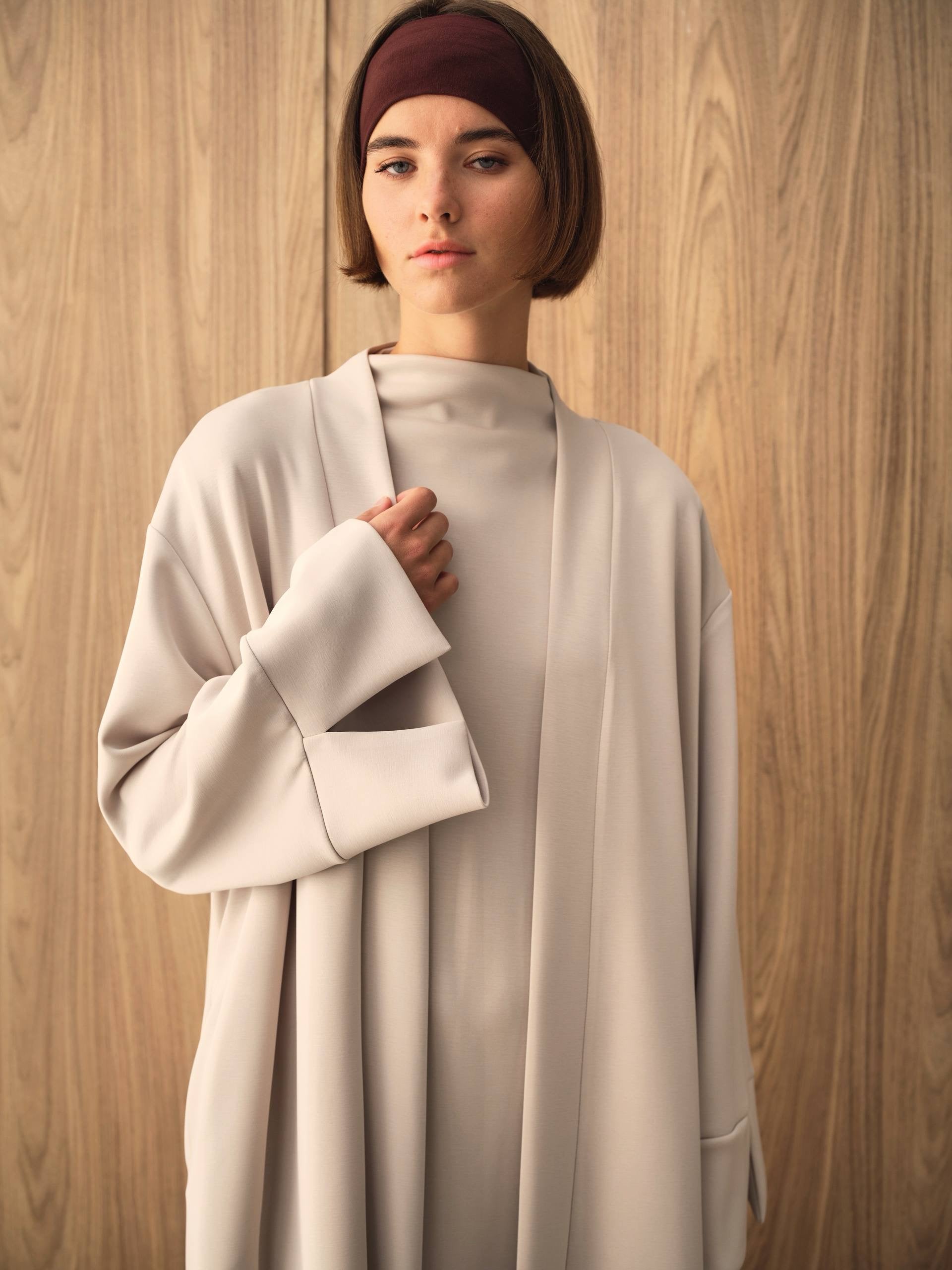 MOVE 01 Modal Stretch Abaya Set in Cloud Ecru, cuff and upper garment detail.