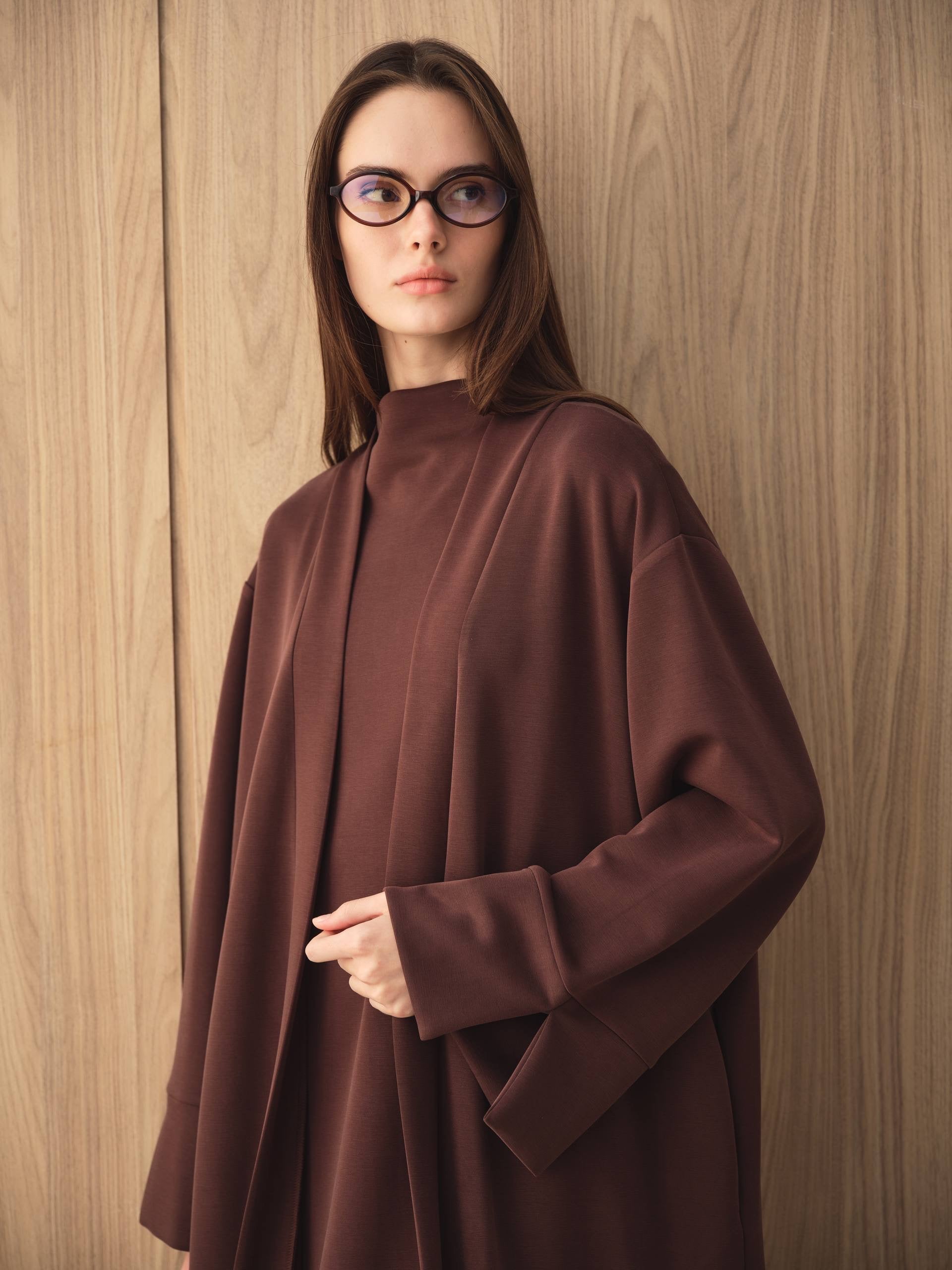 MOVE 01 Modal Stretch Abaya Set in Mahogany Burgundy, styled close view.