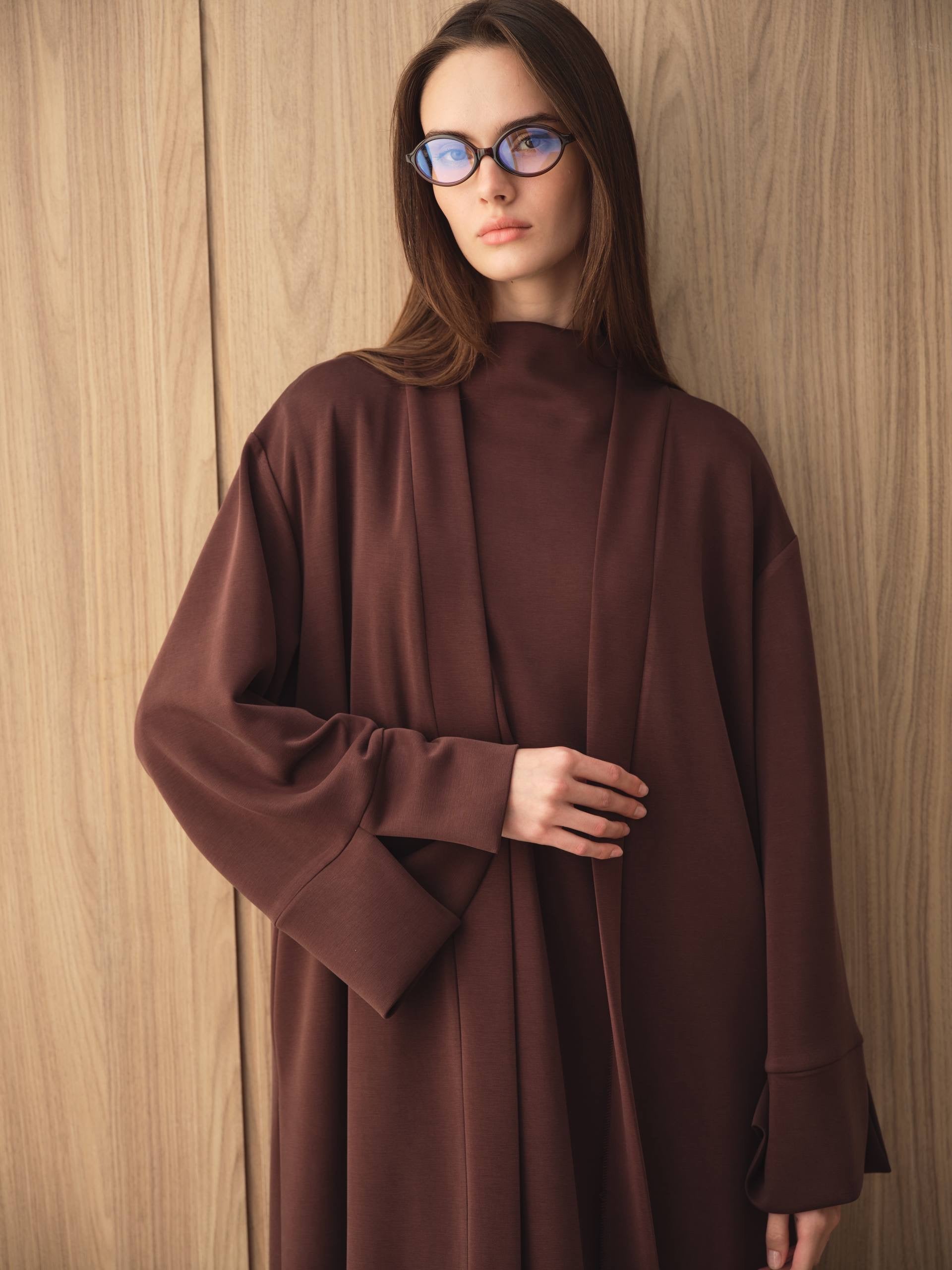 MOVE 01 Modal Stretch Abaya Set in Mahogany Burgundy, upper garment view.