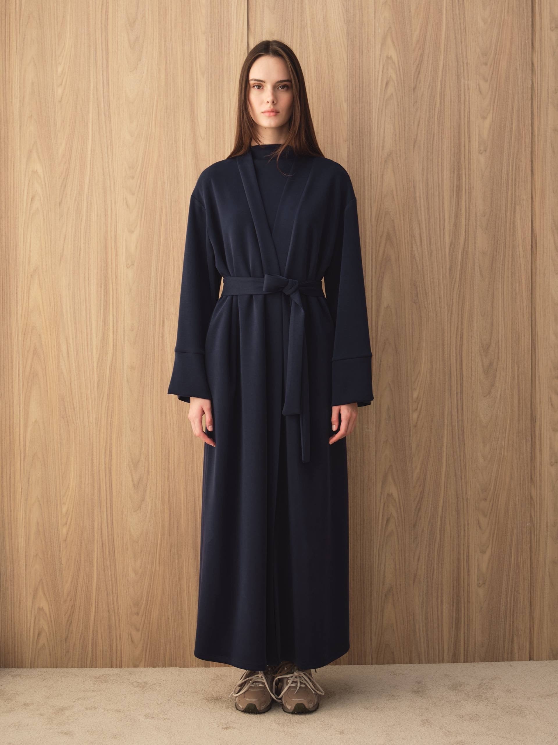 MOVE 01 Modal Stretch Abaya Set in Midnight Navy, belted styling view.